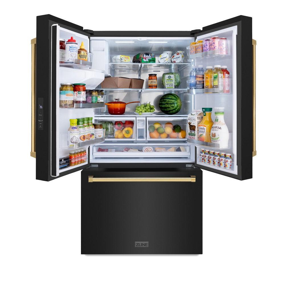 ZLINE Autograph Edition 36 Inch French Door Refrigerator - 28.9 cu ft Capacity, External Water Dispenser, Dual Ice Maker, Fingerprint Resistant Black Stainless Steel with Polished Gold Handles (RSMZ W 36 BS G) - Perfect for Modern Kitchens, Entertaining & Large Family Storage