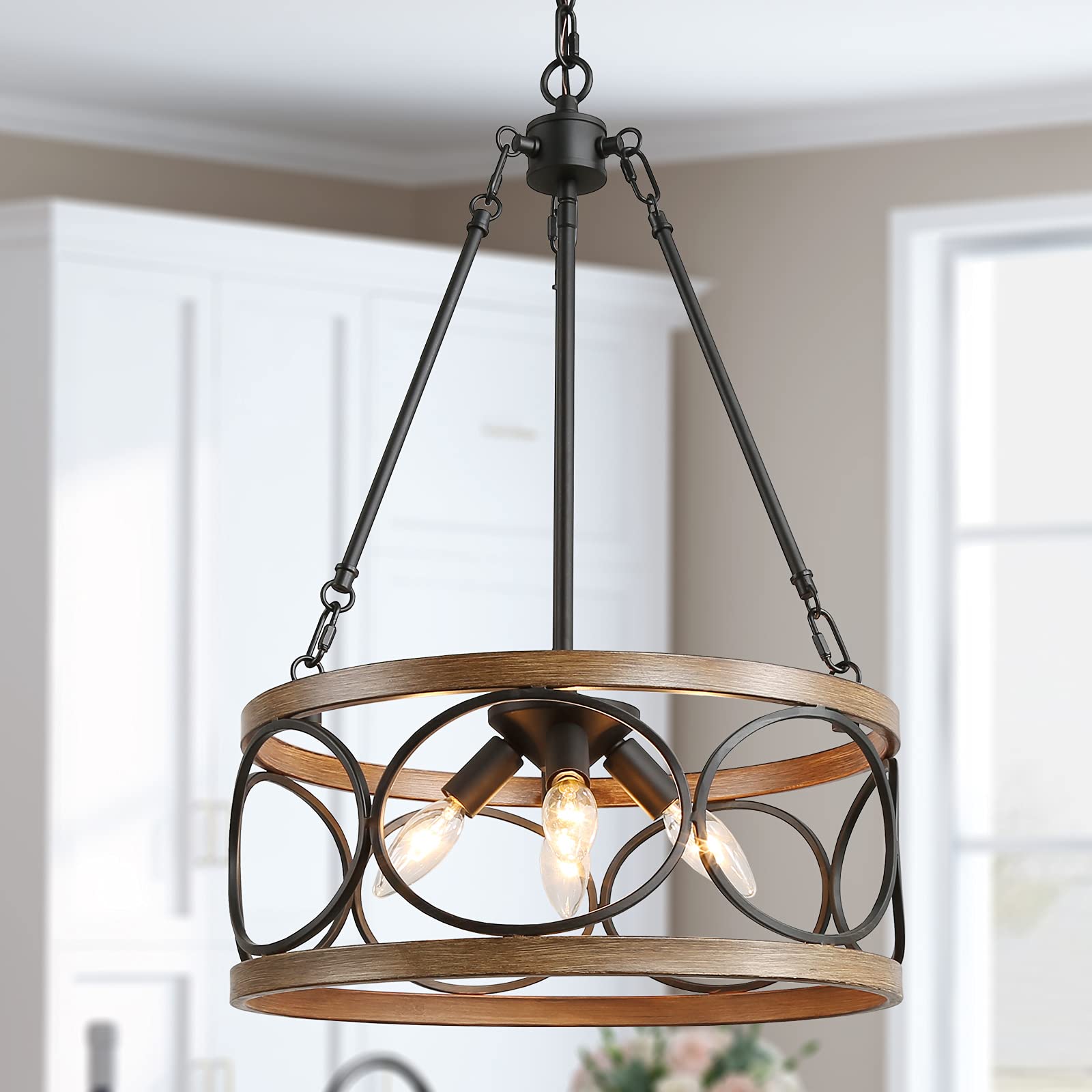 Durent Lighting Farmhouse Chandelier - 4-Light Drum Pendant Light with Faux Wood & Black Finish for Dining Room, Bedroom, Kitchen, Foyer | Rustic Home Decor & Modern Farmhouse Lighting