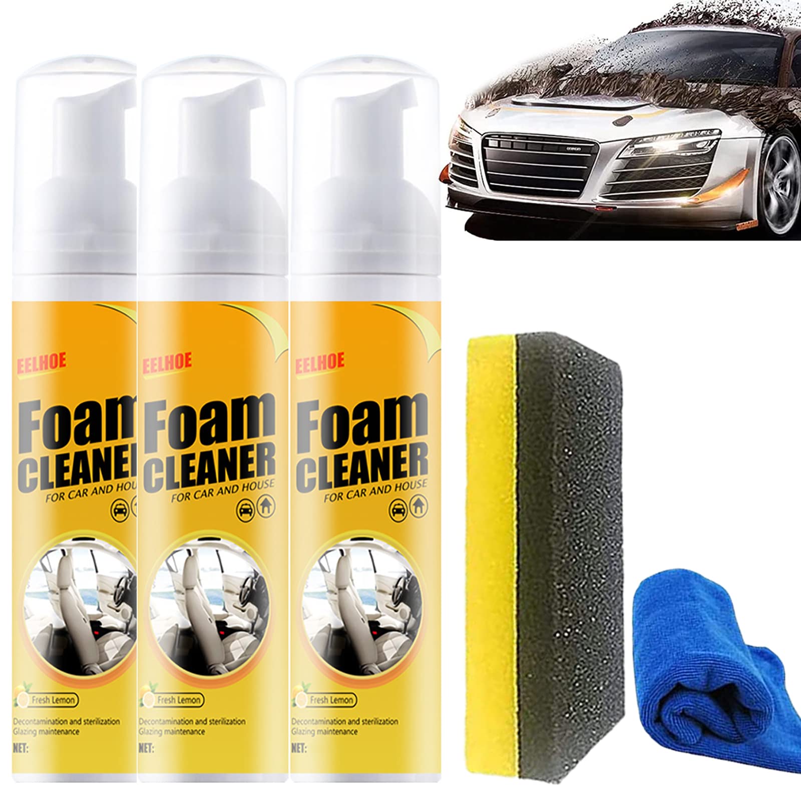 Amplesunshine Powerful Multi-Surface Foam Cleaner - All-Purpose Stain Remover for Car, Kitchen & Home (Lemon Scent, 30ml x 3) | Ideal for Car Detailing, Kitchen Deep Cleaning & Household Maintenance