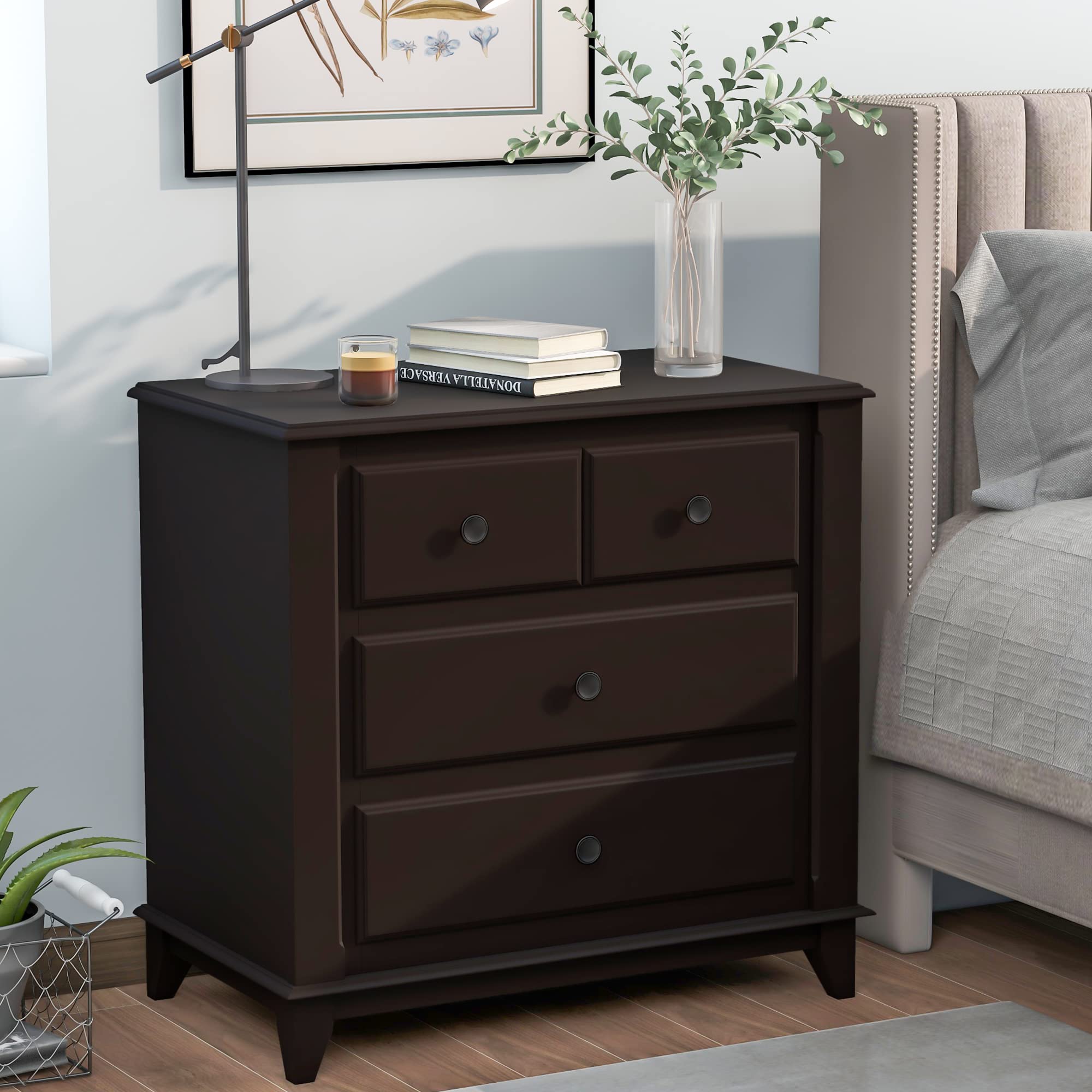 Modern Wooden Nightstand with 3 Drawers - Espresso Brown Bedside Table for Bedroom, Living Room | Compact Storage Solution for Small Spaces, Perfect for Holding Books, Lamps & Bedroom Essentials