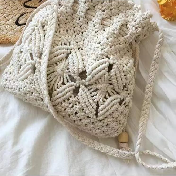 Handmade Crochet Crossbody Bag & Knitted Shoulder Purse for Women - Boho Chic White Cotton Tote - Perfect for Casual Outings, Shopping & Travel Accessories