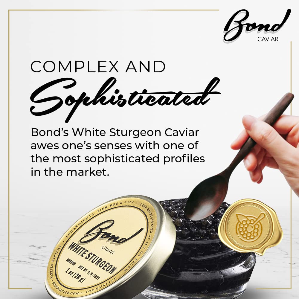 Premium White Sturgeon Caviar - Gourmet Black Caviar Roe with Glossy Golden Pearls, Malossol Sea Salt Cured - 1oz (28g) Glass Jar - Luxury Gift for Holidays, Weddings & Fine Dining - Overnight Shipping Available