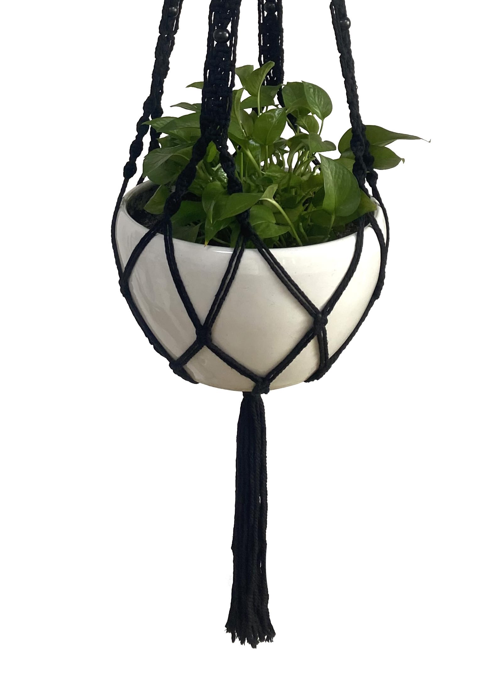 Black Cotton Rope Macrame Plant Hangers - 4 Legs 59 Inch Hanging Planter for 12-13 Inch Pots (Pot & Plant Not Included) - Boho Home Decor for Living Room, Bedroom, or Patio