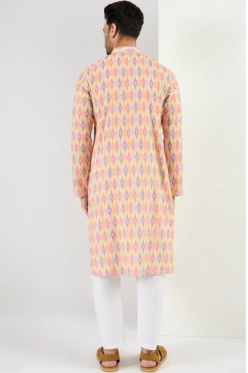 Men's Yellow Abstract Embroidered Chikankari Straight Kurta - Traditional Indian Tunic for Casual Wear & Festive Occasions