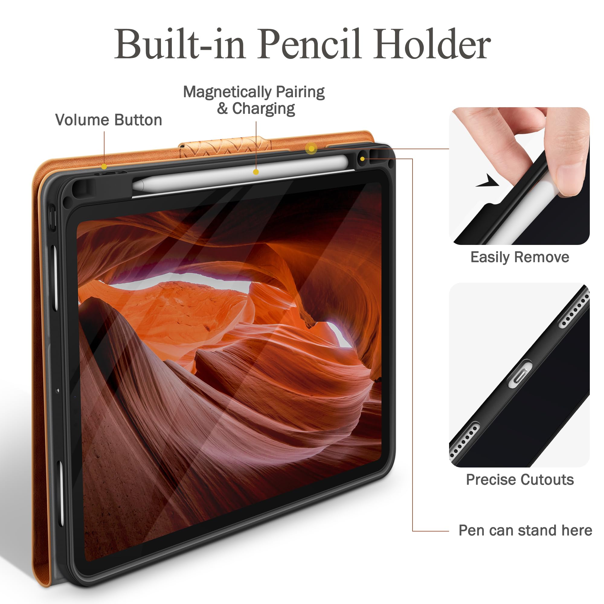 Premium PU Leather Case for iPad Pro 11 Inch M4 (2024) - Apple Pencil Pro/USB-C Holder, Auto Sleep/Wake Feature - Perfect for Work, Travel & Study (Brown)