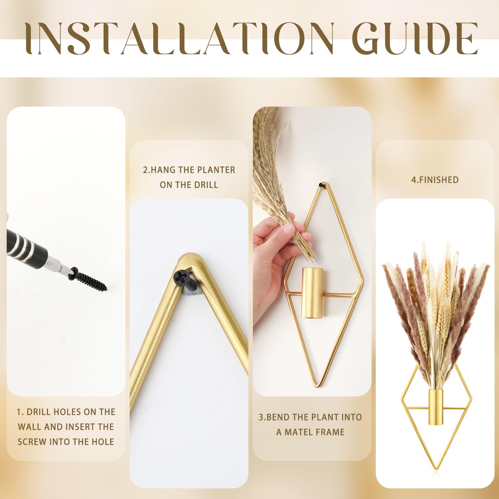 Peryiter 2 Pack Small Boho Wall Hanging Planters with Artificial Pampas Grass - Gold Metal Wall Art for Modern Home Decor, Bedroom, Bathroom & Living Room - Perfect for Bohemian Style & Farmhouse Decor