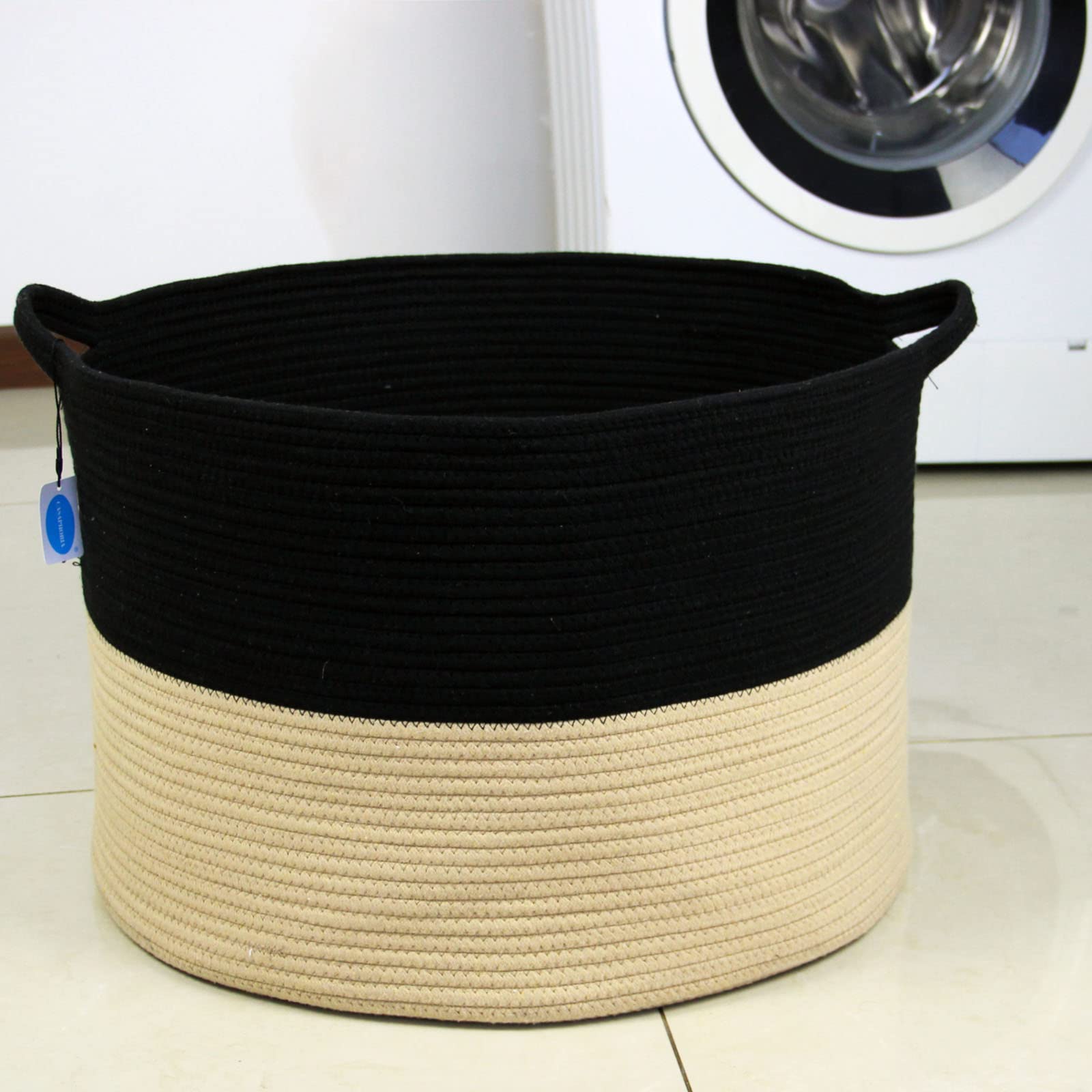 Casaphoria XXXLarge Woven Cotton Rope Basket - 21.7x21.7x13.8 Inch Laundry Hamper, Blanket Storage Bin with Handles for Comforters, Cushions & Clothes | Perfect for Bedroom, Nursery & Bathroom Organization | Black & Brown