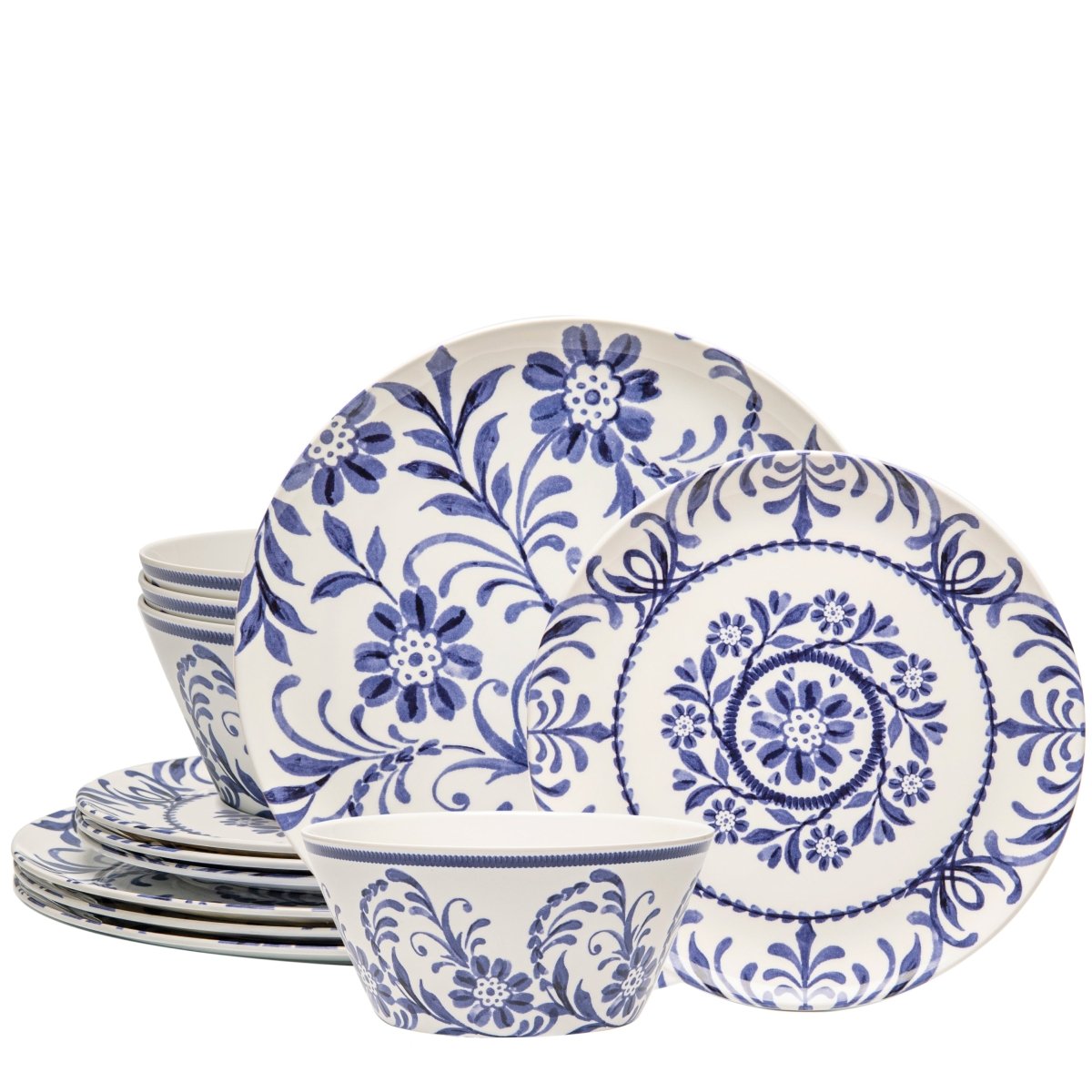 12-Piece Outdoor Dinnerware Set - Indigo Floral Design for Picnics, BBQs, and Garden Parties