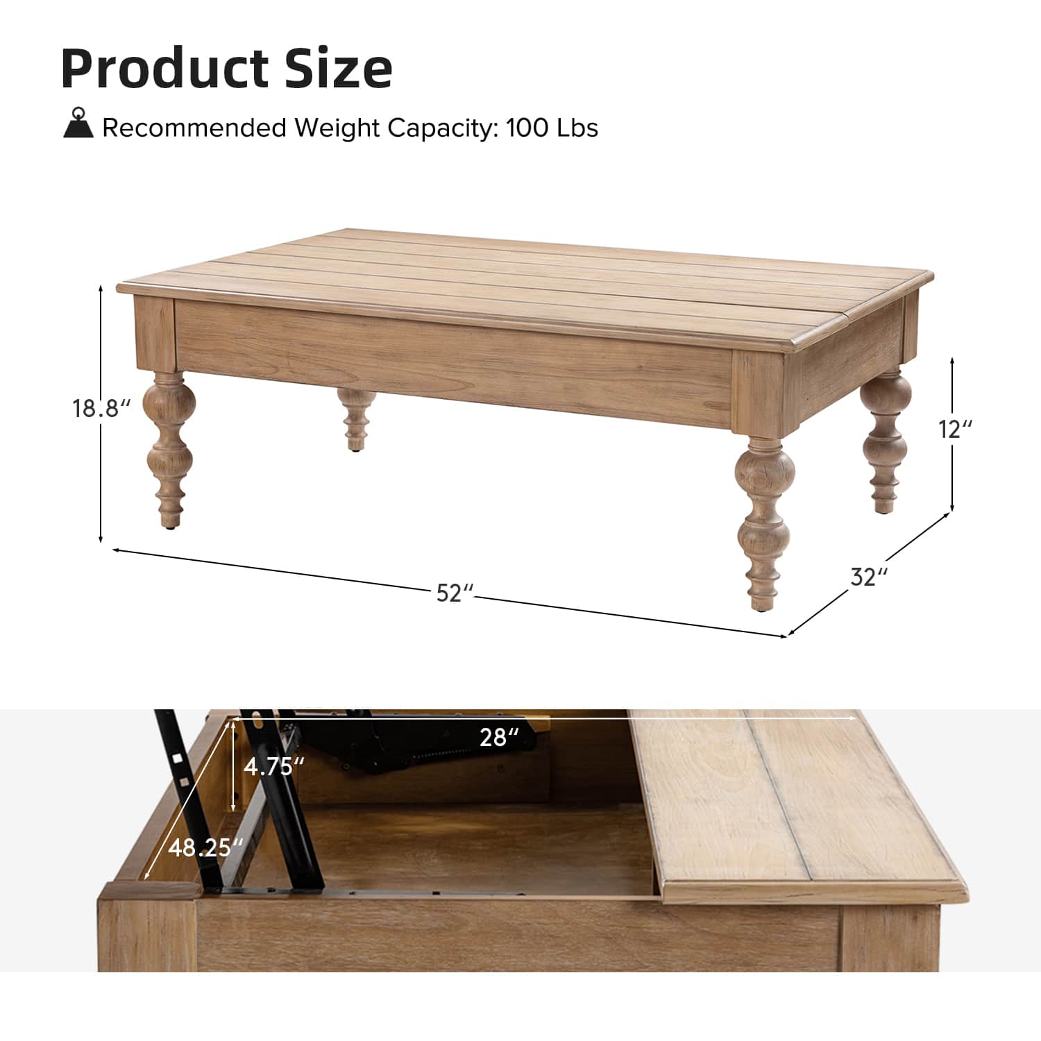 Lift Top Storage Ottoman Coffee Table with 4 Legs - Cynthia Multifunctional Furniture for Living Room, Bedroom & Home Decor