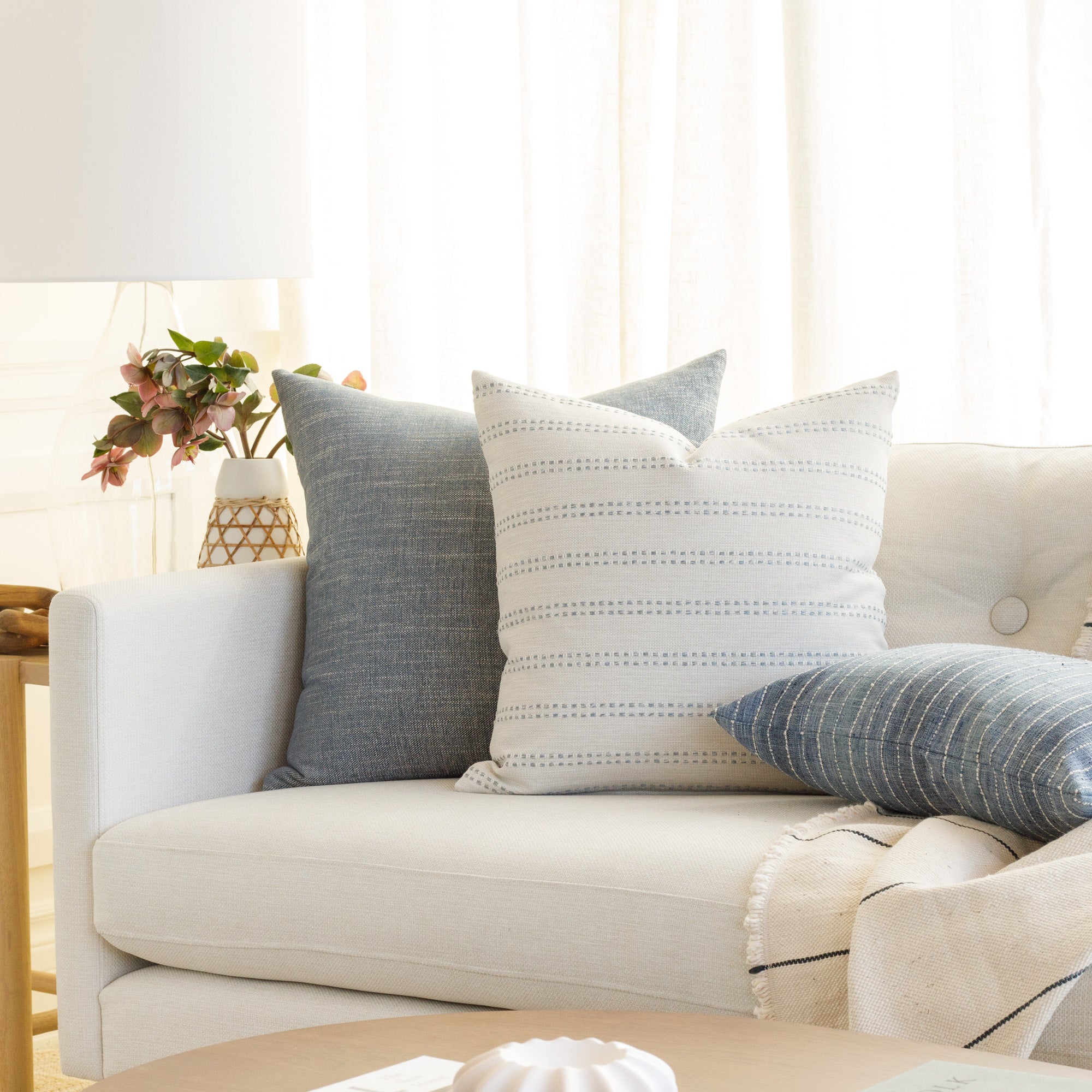 Elodie Stripe 20x20 Decorative Throw Pillow Cover - Sky Blue Cotton Linen Blend Cushion Case for Sofa, Bed, Living Room & Home Decor