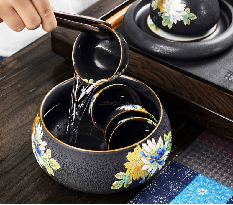 Premium Iron Tea Set with Ebony Tea Tray - Traditional Chinese Gongfu Tea Ceremony Set for Home, Office & Gift Giving