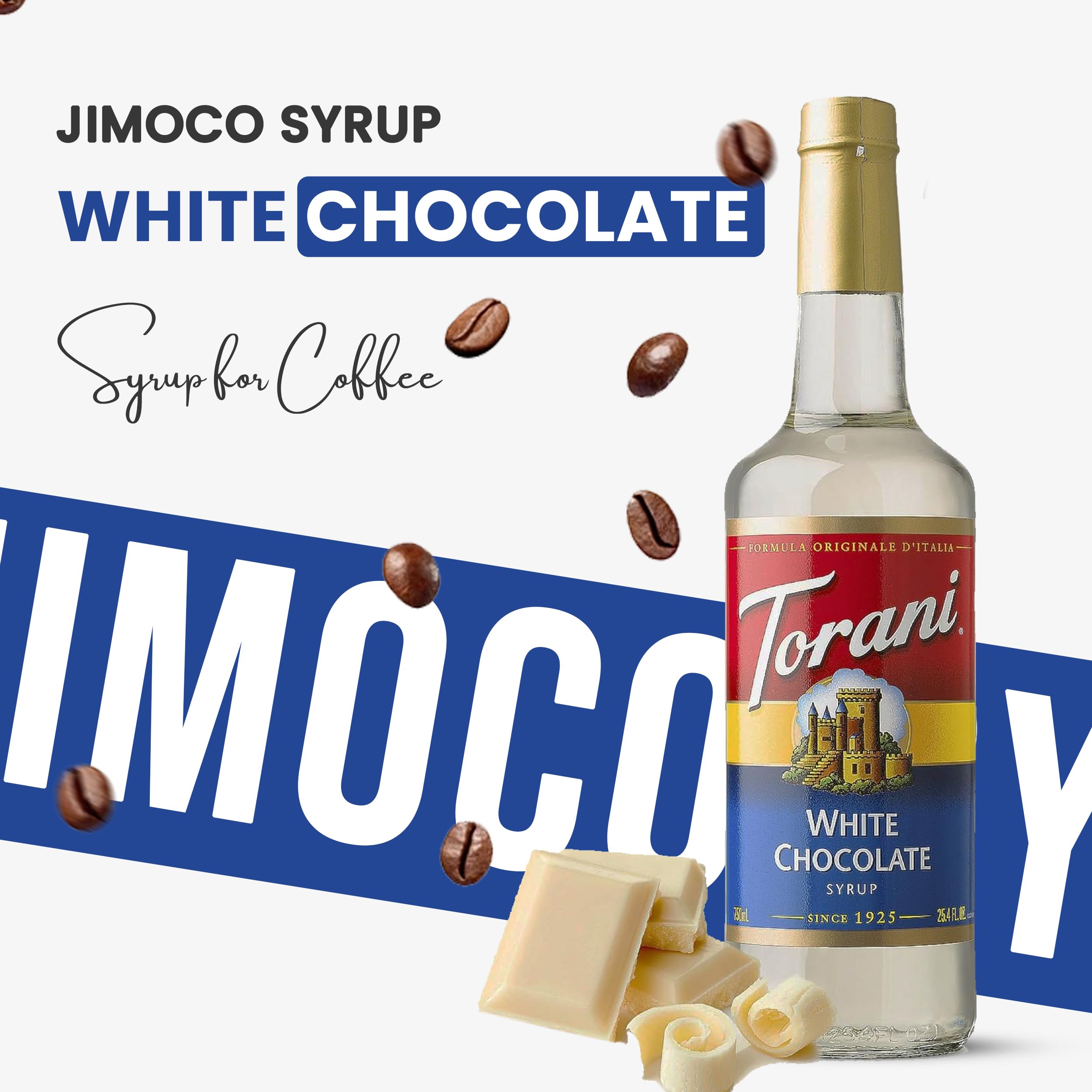 Premium White Chocolate Syrup for Coffee - 25.4oz (750ml) Bottle with Jimoco Pump Dispenser - Perfect for Lattes, Cappuccinos, Hot Cocoa & Dessert Toppings