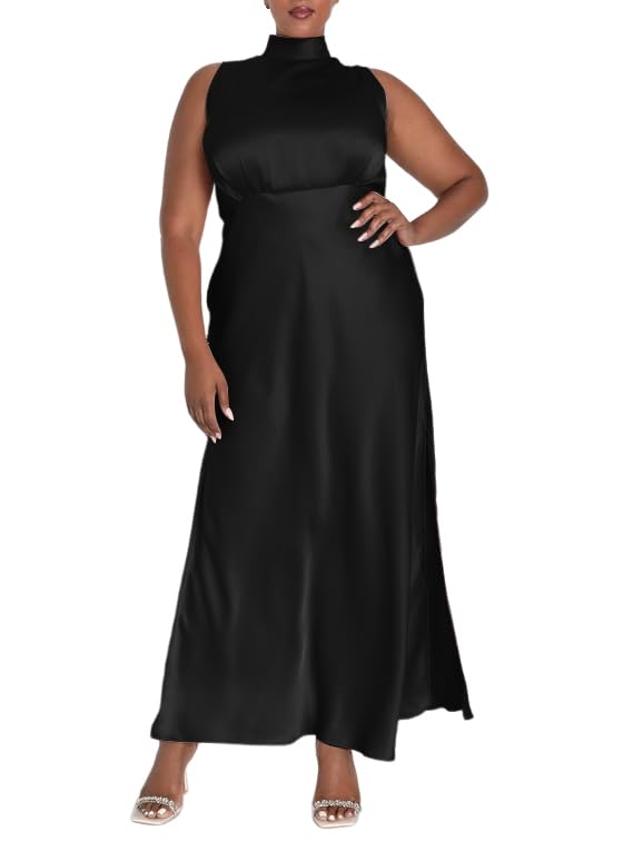Elegant 2025 Summer Plus Size Women's Mock Neck Satin Maxi Formal Dress - Sleeveless Silk Cocktail Dress for Wedding Guest, Evening Party & Special Occasions