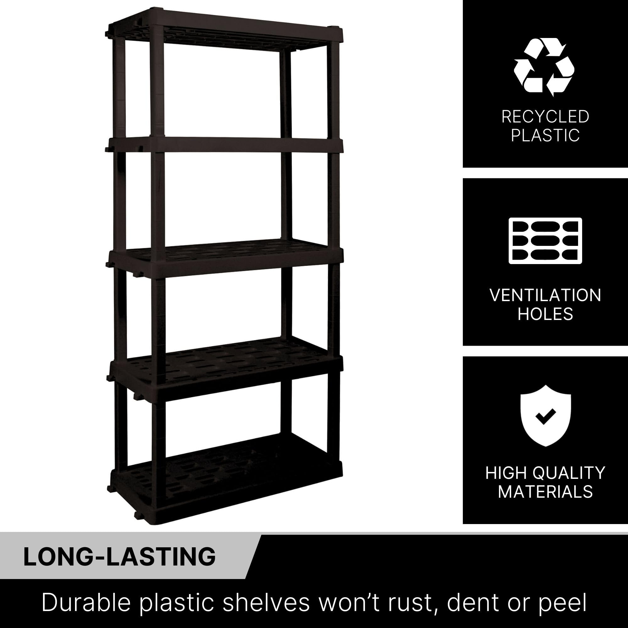 5-Tier Heavy Duty Plastic Storage Shelf - Garage Shelving Unit with Durable Rack & Organizer for Shed, Basement, Closet - Perfect for Home, Office & Workshop Organization (Black)