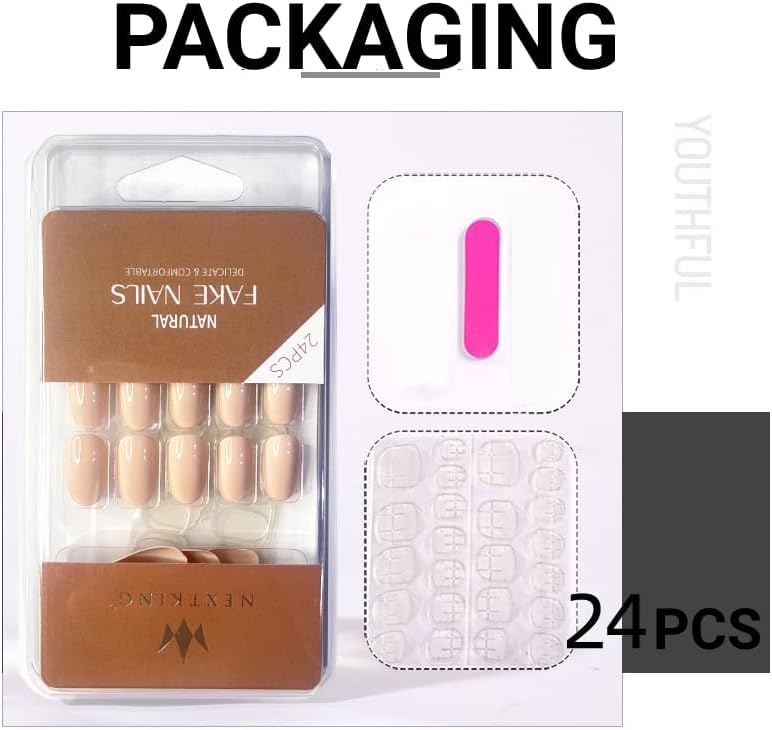 24PCS Natural French Short False Nails - Acrylic Full Cover Fake Nails for Women, Delicate & Comfortable Press On Nails Kit (N34) - Perfect for Daily Wear, Parties & Special Occasions