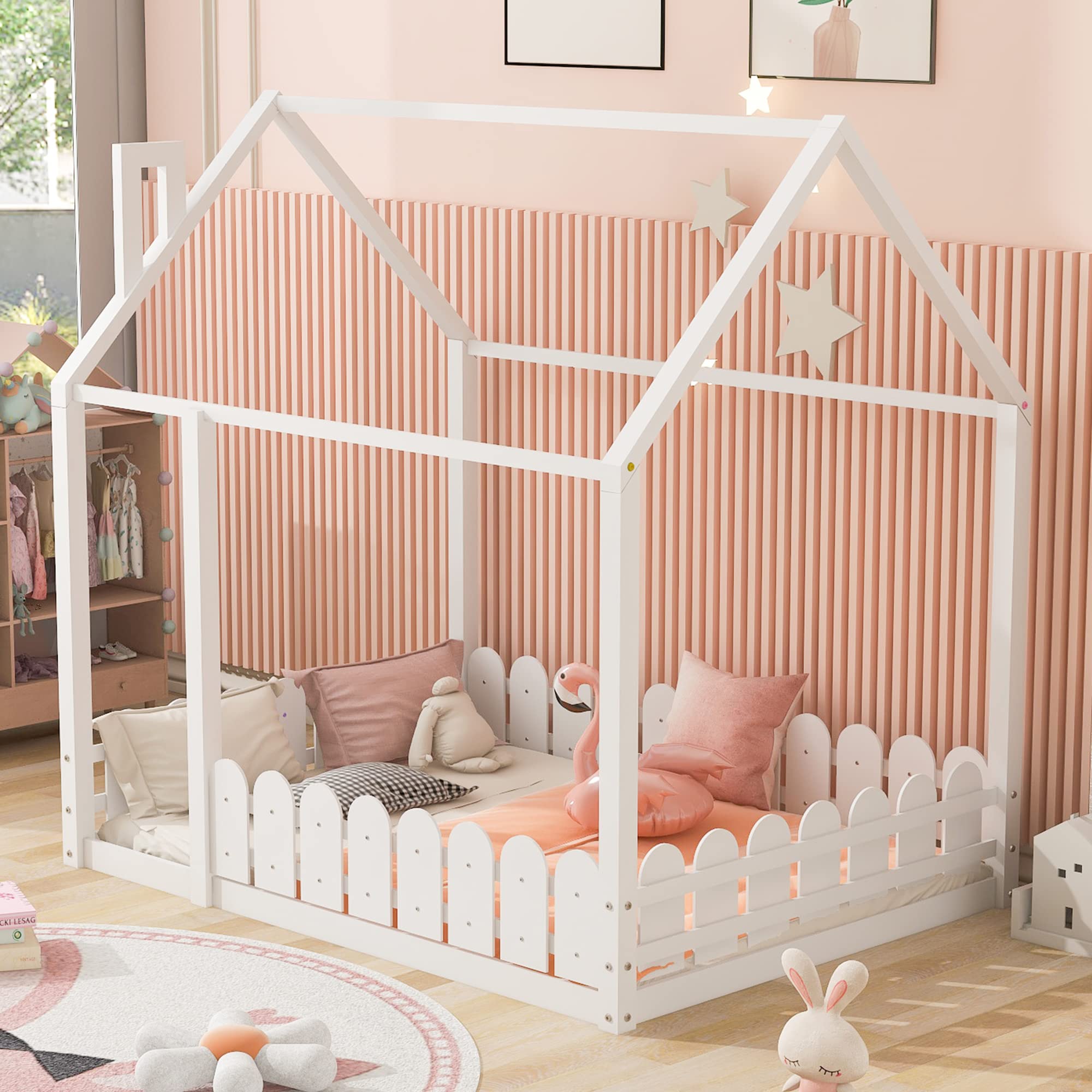 P PURLOVE Solid Wood House Bed Frame with Fence-Style Guardrails - Twin/Full Size Kids Bed for Boys & Girls (Slats Not Included, White) - Perfect for Nursery, Kids Room & Playroom Decor