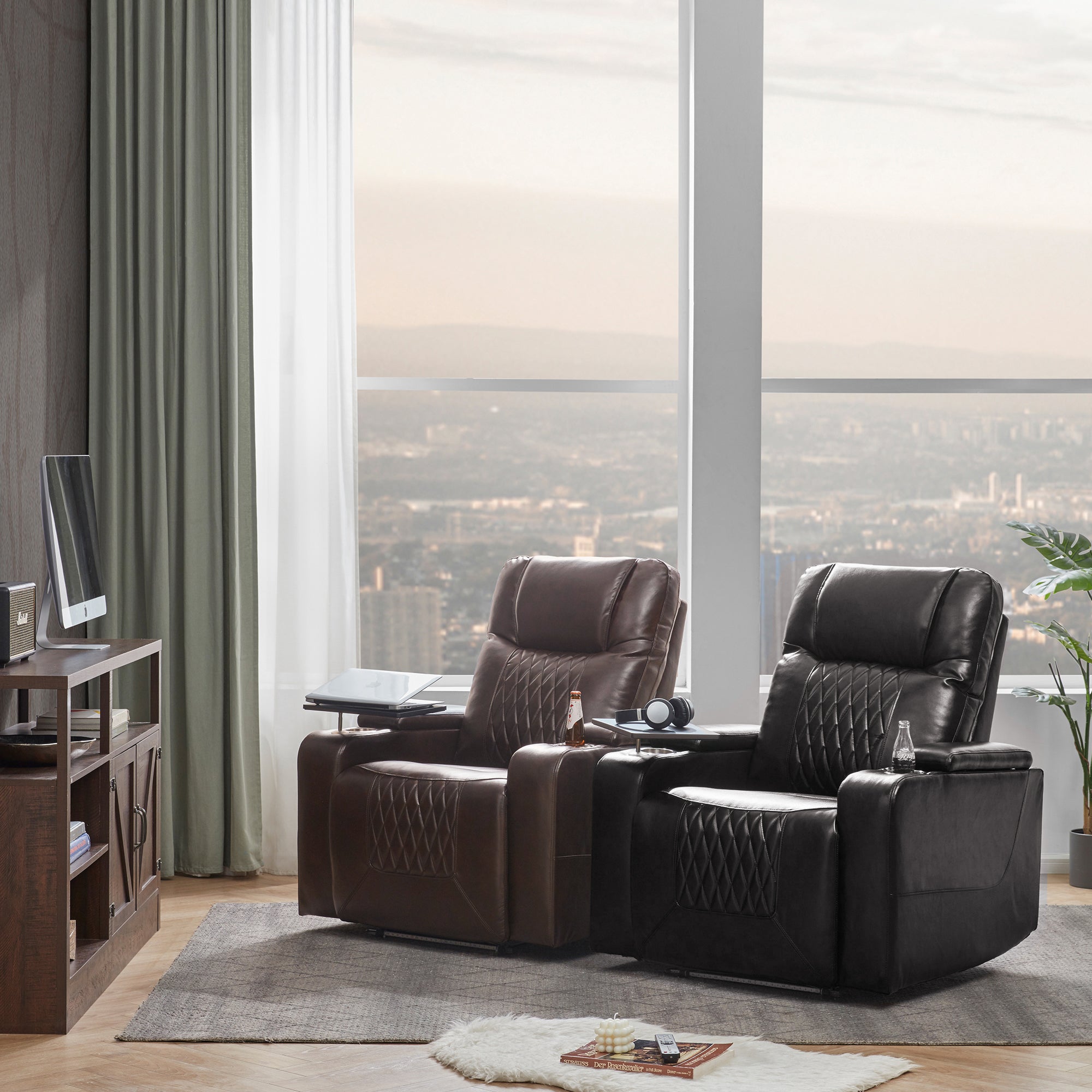 Electric Power Lift Recliner Chair with USB Charging Port, Hidden Arm Storage & 360° Swivel Tray - Brown Leather Massage Chair for Living Room, Home Theater & Elderly Care