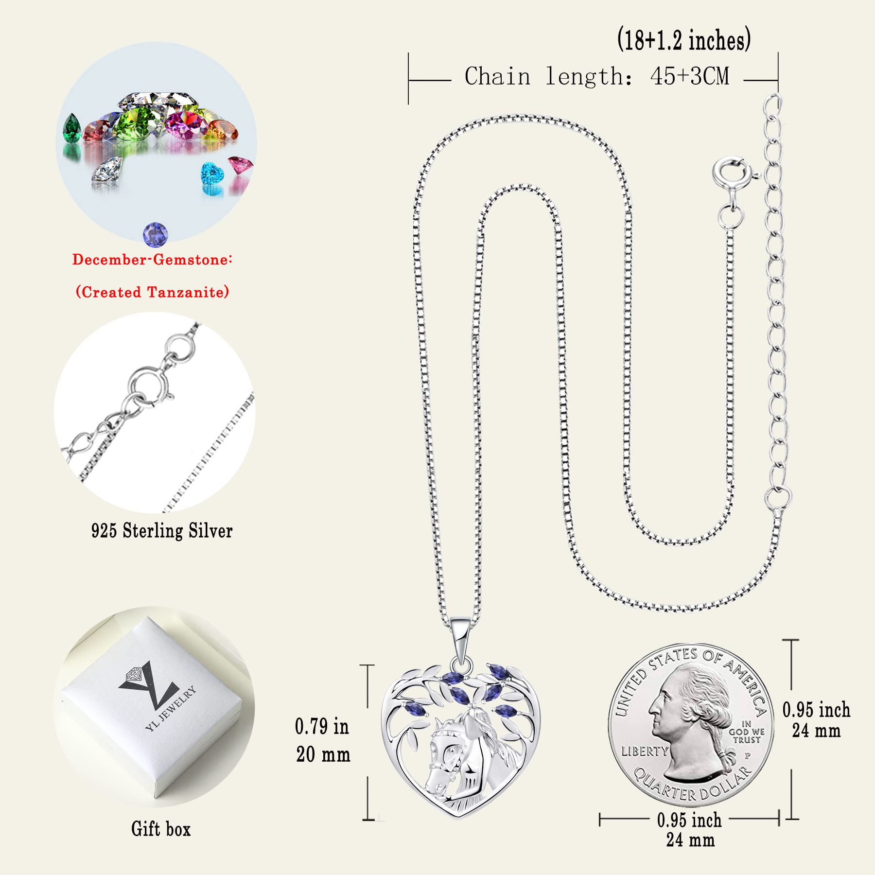 925 Sterling Silver Horse Necklace for Women - Elegant Tree Pendant with Birthstone, Animal Jewelry for Everyday Wear & Special Occasions