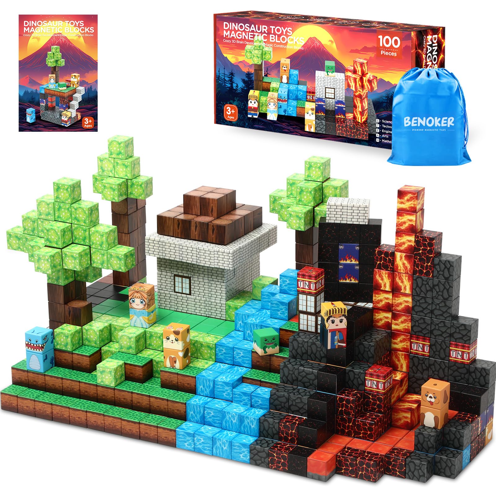 Dinosaur Magnetic Building Blocks - STEM Educational Toys for Kids Ages 3-8 | Montessori Sensory Learning Toys with Volcano Playset | Perfect Gift for Boys & Girls | Creative Play for Home & Classroom Activities