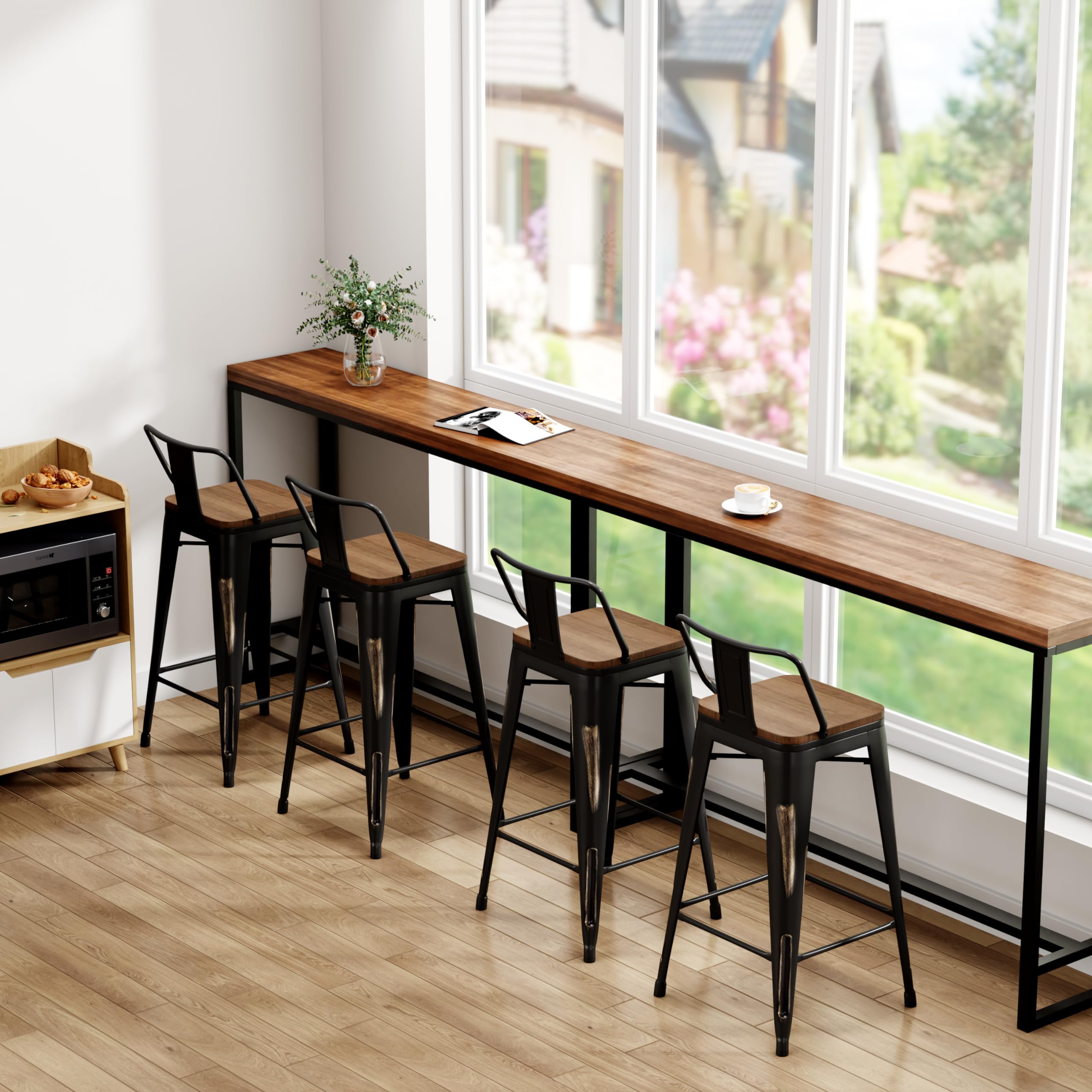 26 Inch Bar Stools Set of 4 - Counter Height Swivel Bar Chairs with Gold Finish & Back Support - Modern Kitchen Stools for Breakfast Nook, Home Bar & Dining Counter - Black Metal Barstools