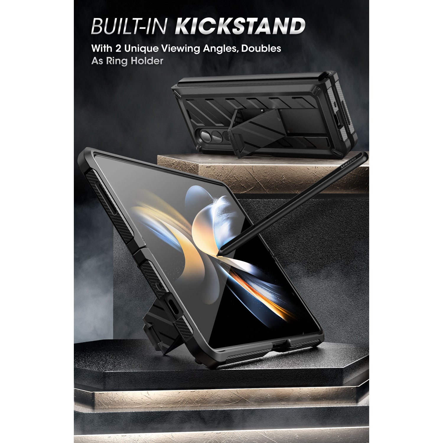 Samsung Galaxy Z Fold 4 Case with Built-in Kickstand & Screen Protector - Shockproof Protective Cover for Foldable Phone (Black) | Perfect for Work, Travel & Everyday Use