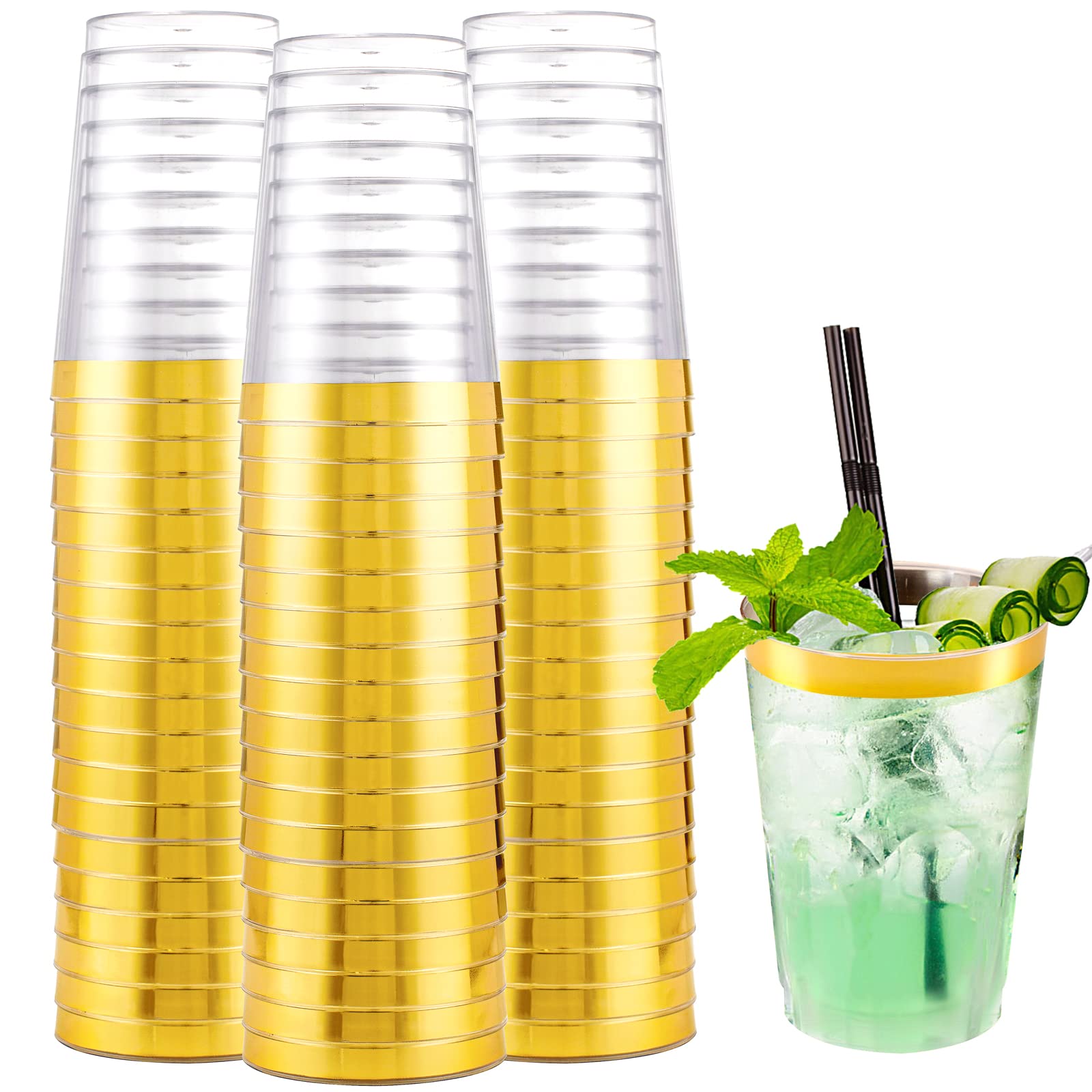 200 Pack 10 oz Gold Rimmed Plastic Cups - Clear Disposable Wine Glasses for Parties, Weddings & Cocktails - Elegant Drinking Tumblers for Celebrations & Special Events