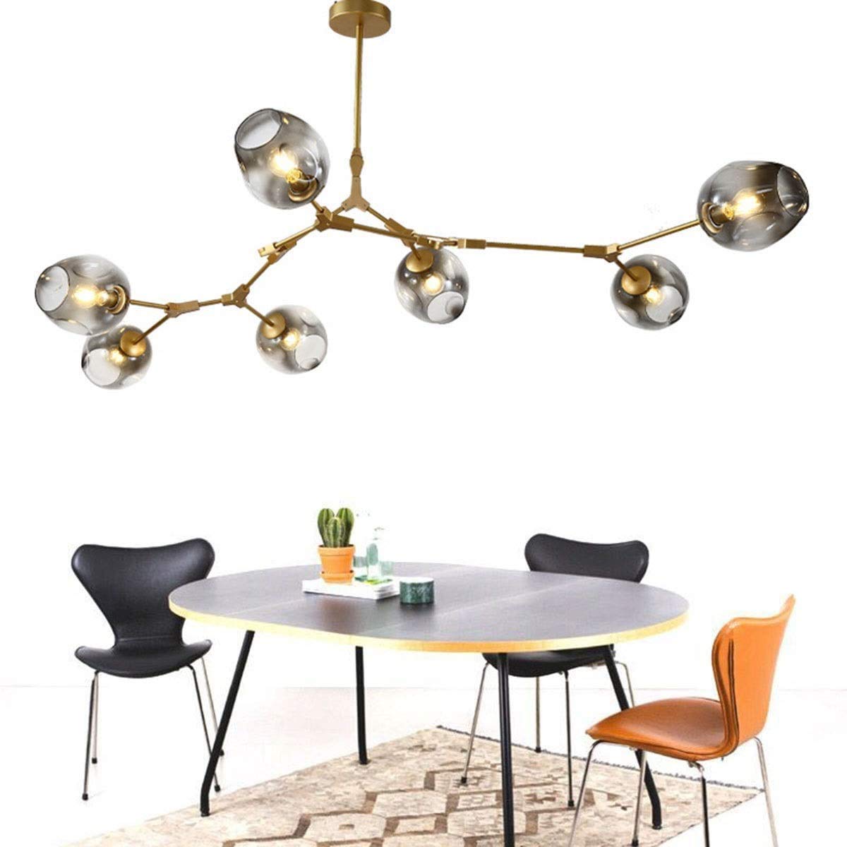 Modern 7-Light Gold Pendant Chandelier with Adjustable Grey Glass Shades - Flush Mount Ceiling Light Fixture for Hotel, Restaurant, Bar, Cafe & Home Lighting (Dining Room, Living Room, Bedroom, Corridor)