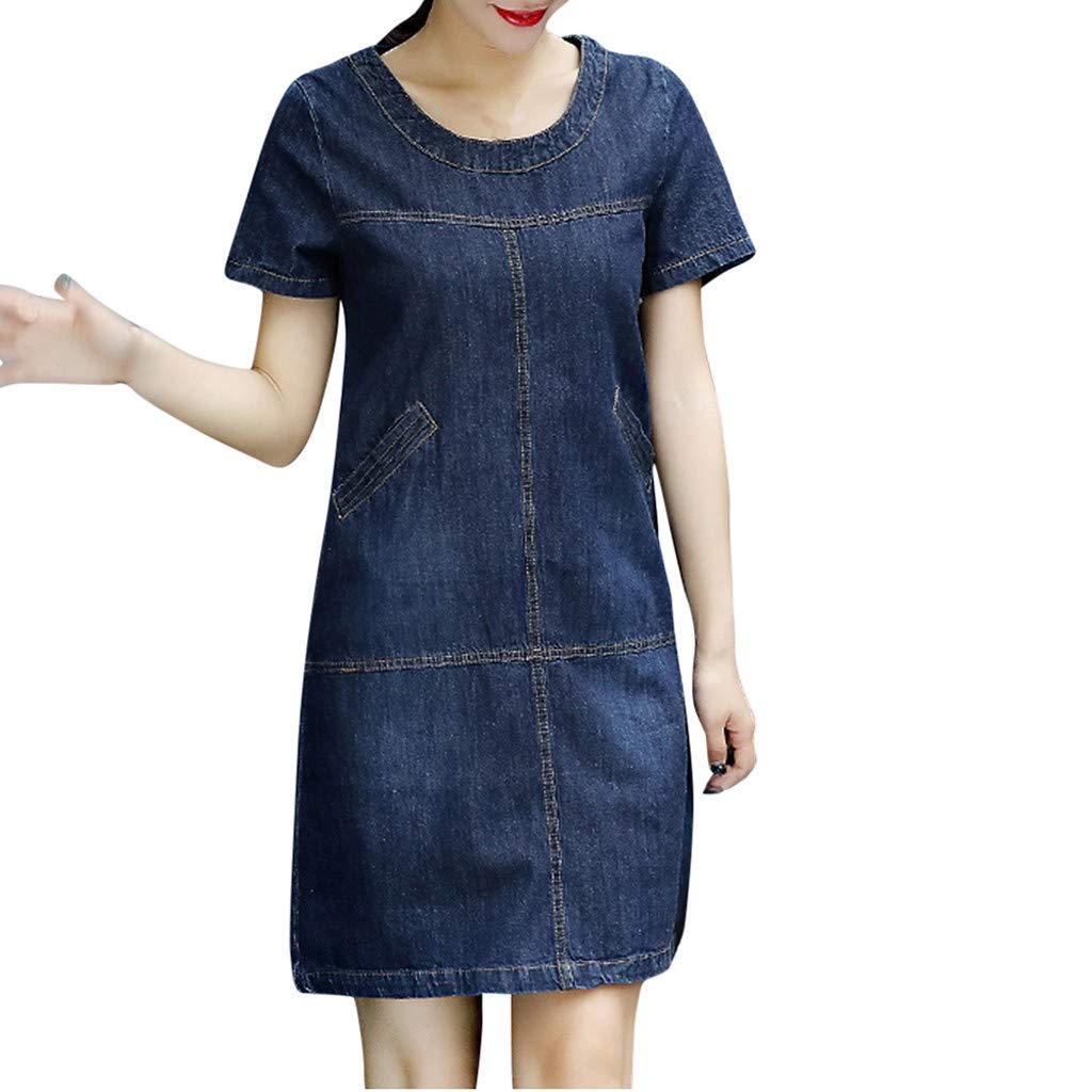 Women's Summer Denim Dress - Loose Fit O-Neck Short Sleeve Knee-Length Casual Dress in White | Perfect for Beach Outings, Evening Parties & Daily Wear