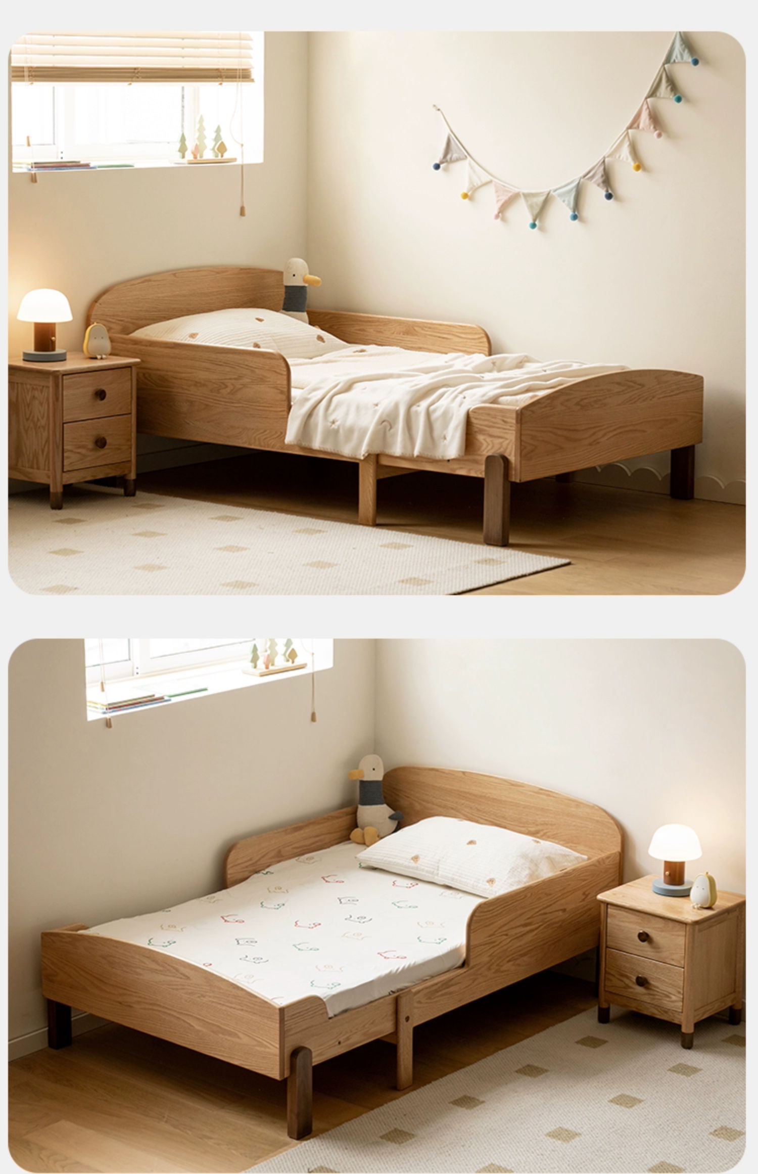 Expandable Solid Oak & Beech Wood Toddler Bed – Adjustable from 57in (145cm) to 80.7in (205cm) – Perfect for Growing Kids & Small Bedrooms