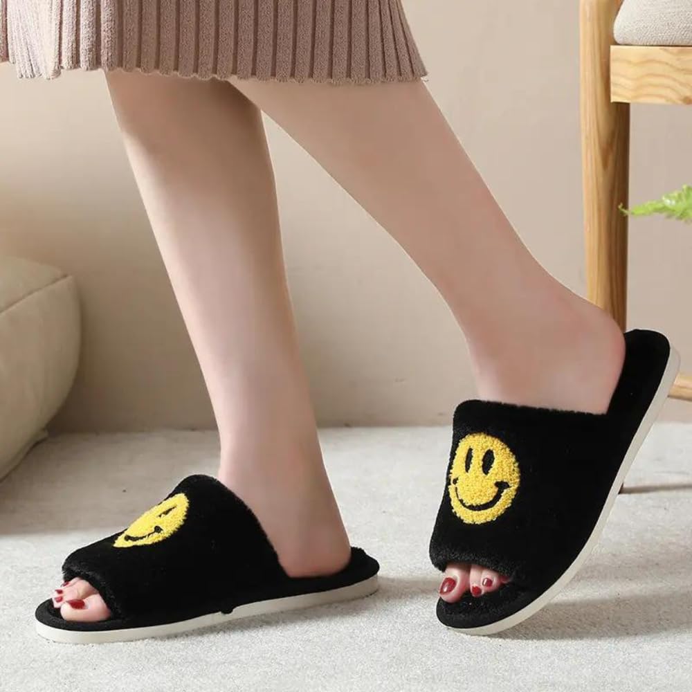 Retro Soft Plush Warm Slip-on Slippers for Women - Cozy Indoor/Outdoor House Shoes with Happy Face Design | Ultimate Comfort for Home, Office & Travel | Machine Washable Women's Slippers for All Seasons
