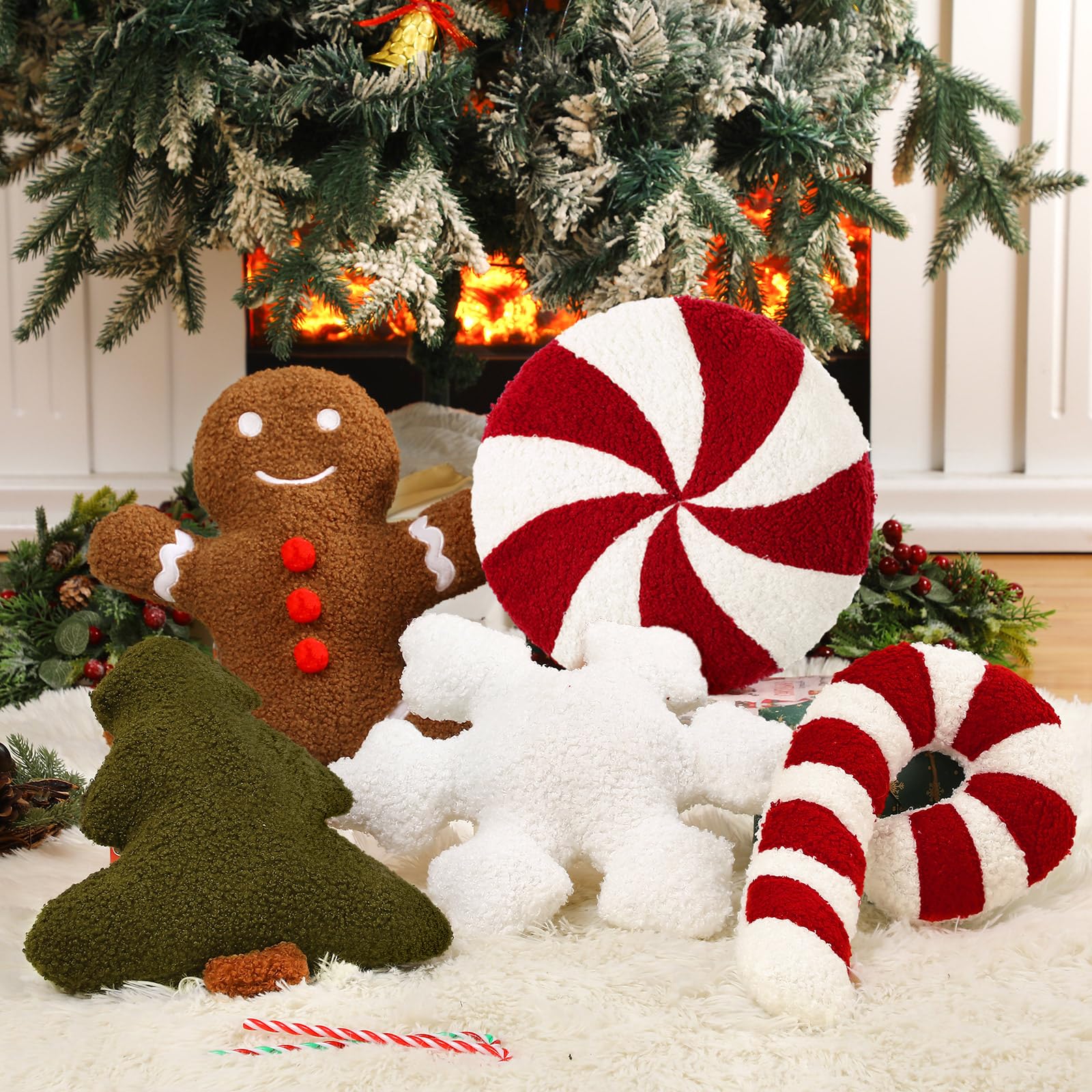 5 Pack Christmas Throw Pillows Set - Festive Holiday Decor with Christmas Tree, Gingerbread Man & Snowflake Designs - Red & White Striped Candy Cane Peppermint Shaped Cushions for Sofa, Bed, Couch - Perfect for Home Decor & Christmas Party Decoration