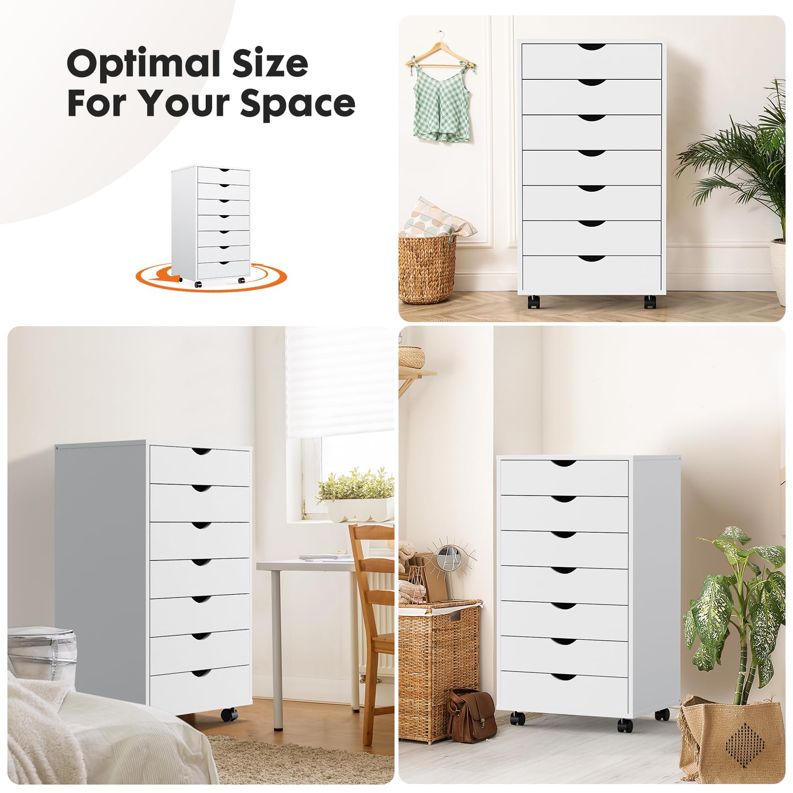 7-Drawer Wooden Dresser Chest with Wheels - Mobile Storage Cabinet for Bedroom, Office & Home Organization - Compact Dresser with Small Drawers for Clothes, Toys & Accessories