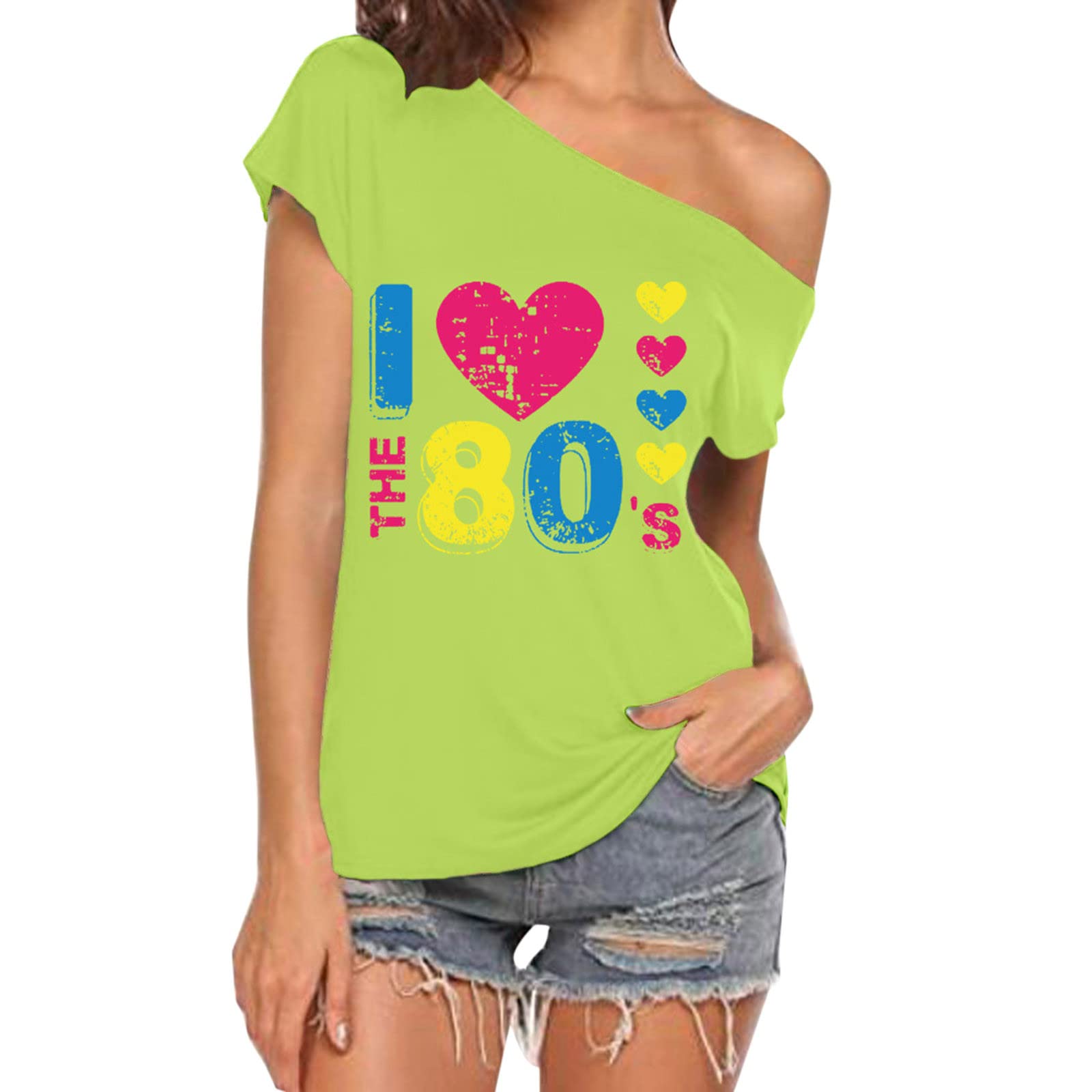 Vintage 80s Off Shoulder T-Shirt for Women - Retro Disco Party Top, Casual Workout Shirt | Perfect for 80s Theme Parties, Concerts, Dance Workouts & Casual Wear