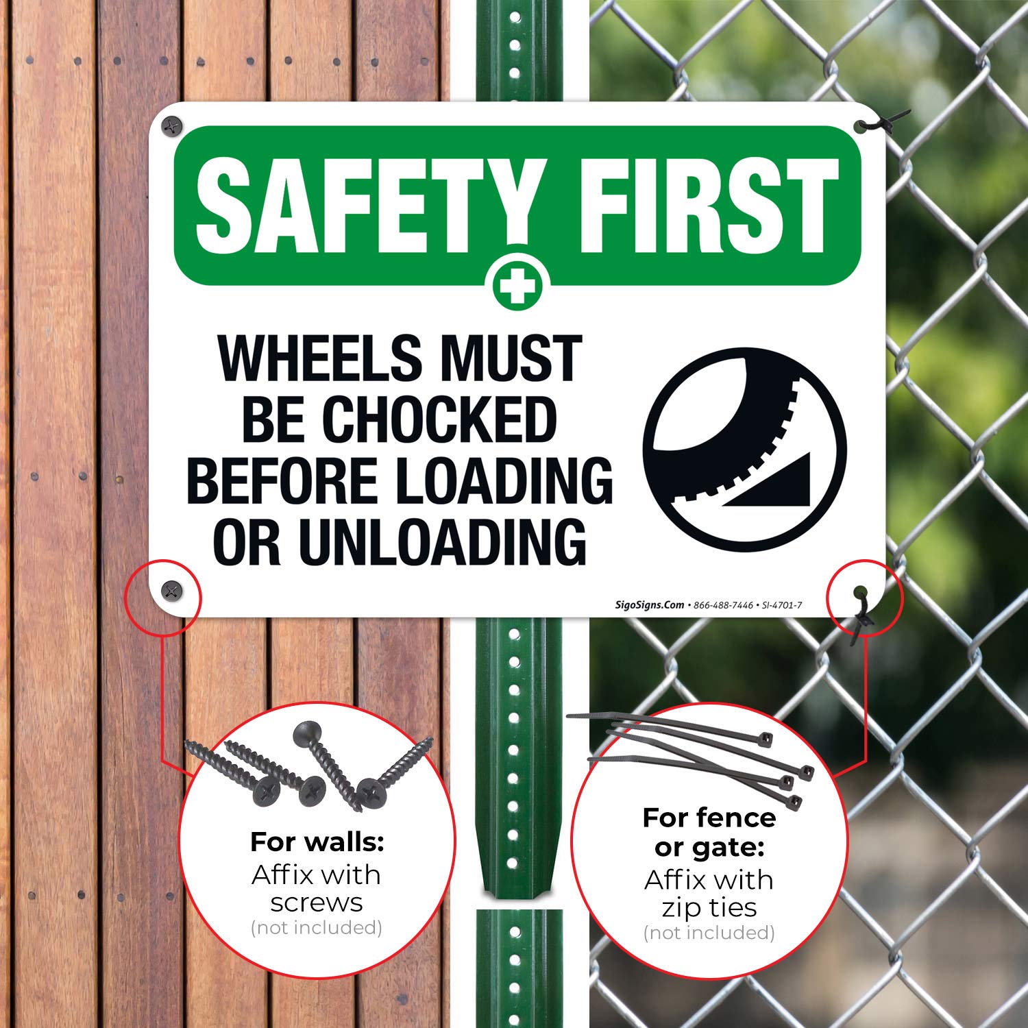 OSHA Safety Sign - Wheels Must Be Chocked Before Loading/Unloading - 10x7 Inch Rustproof Aluminum Sign - Fade Resistant for Indoor & Outdoor Use - Made in USA - Perfect for Warehouses, Trucking Yards & Industrial Safety Areas