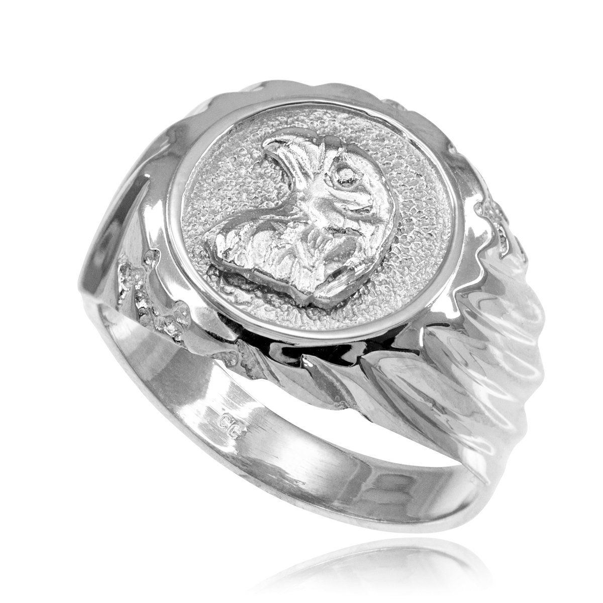 14K White Gold Men's Eagle Head Ring - Polished Round Top Design for Everyday Wear & Special Occasions