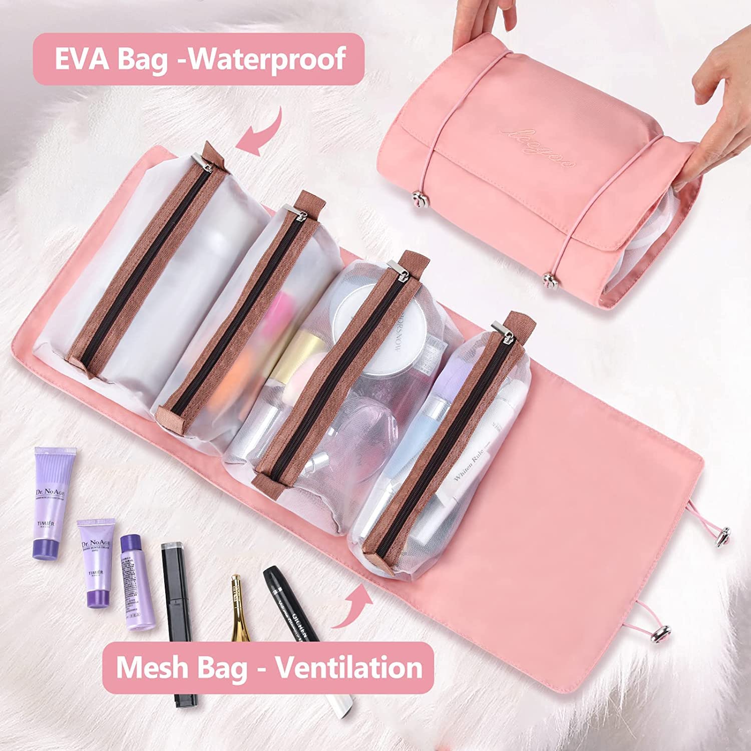 Spellwish 4-in-1 Detachable Hanging Cosmetic Bag - Portable Travel Toiletry Organizer with Separate Compartments, Roll Up Design for Makeup & Bathroom Essentials (Pink) - Perfect for Shower, Gym, Camping & Vacation Packing