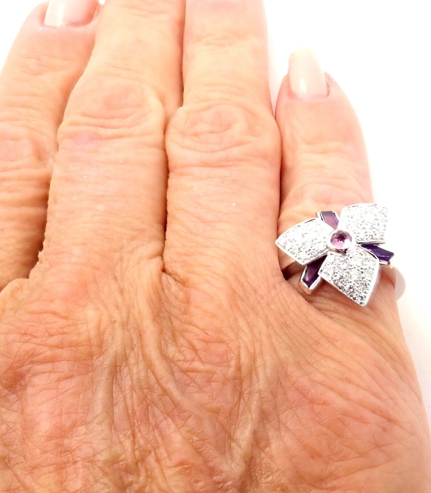 Cartier Caresse D'orchidées 18K White Gold Diamond Amethyst Orchid Flower Ring - Elegant Jewelry for Weddings, Anniversaries & Special Occasions