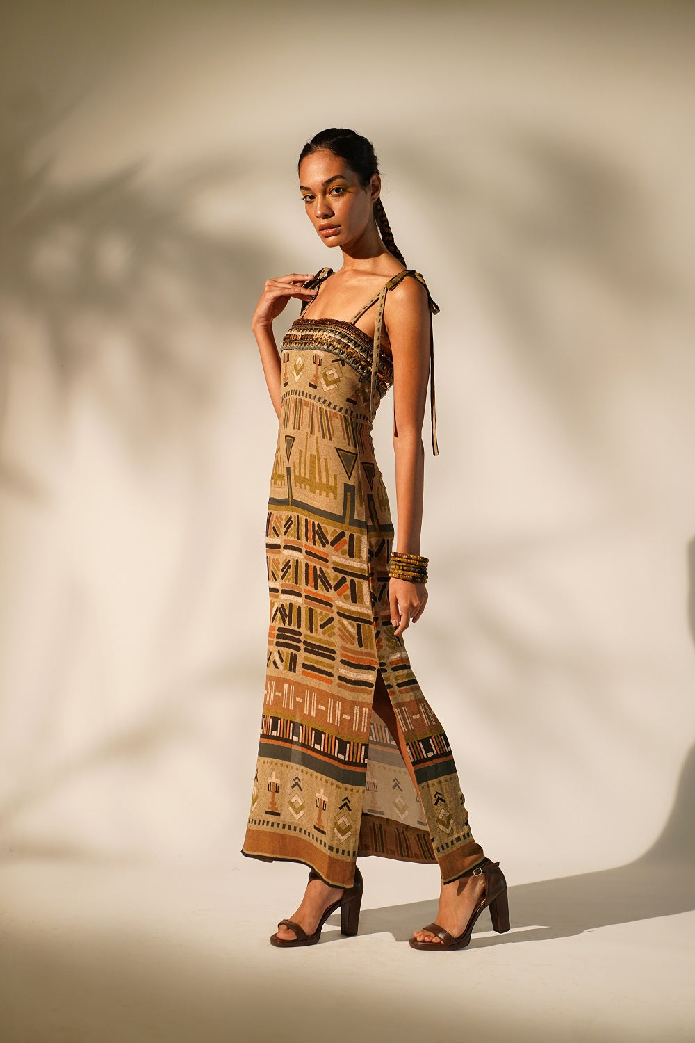 Stylish Green Aztec Print Tube Dress with Hand-Threaded Details & Wooden Embellishments | Perfect for Boho Festivals, Beach Vacations & Summer Parties