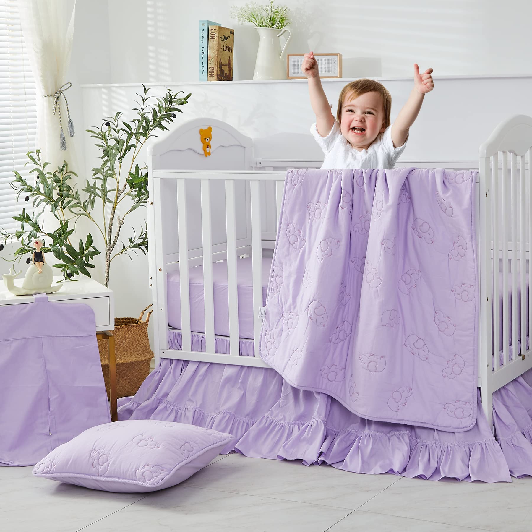 Brandream Purple Baby Girls 6-Piece Cotton Crib Bedding Set with Embroidered Elephant Quilt, Fitted Crib Sheet & Bed Skirt | Soft Nursery Bedding for Newborns & Toddlers | Perfect for Nursery Decor, Baby Showers & Gift Giving
