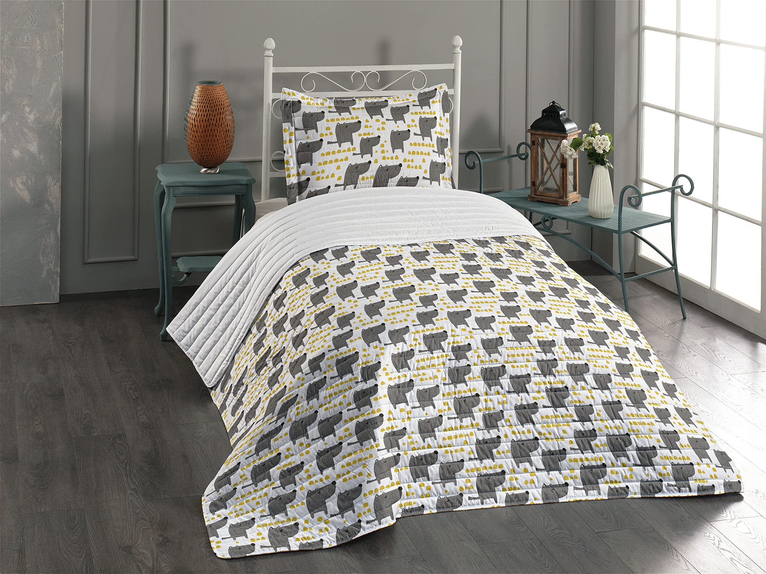 Ambesonne Dog Microfiber Bedspread Set - Sketch Style Canine with Abstract Yellow Dots Grey Cartoon Pets, Soft Twin Size Comforter with Pillow Sham (Grey Marigold White) for Cozy Pet Lover's Bedroom Decor