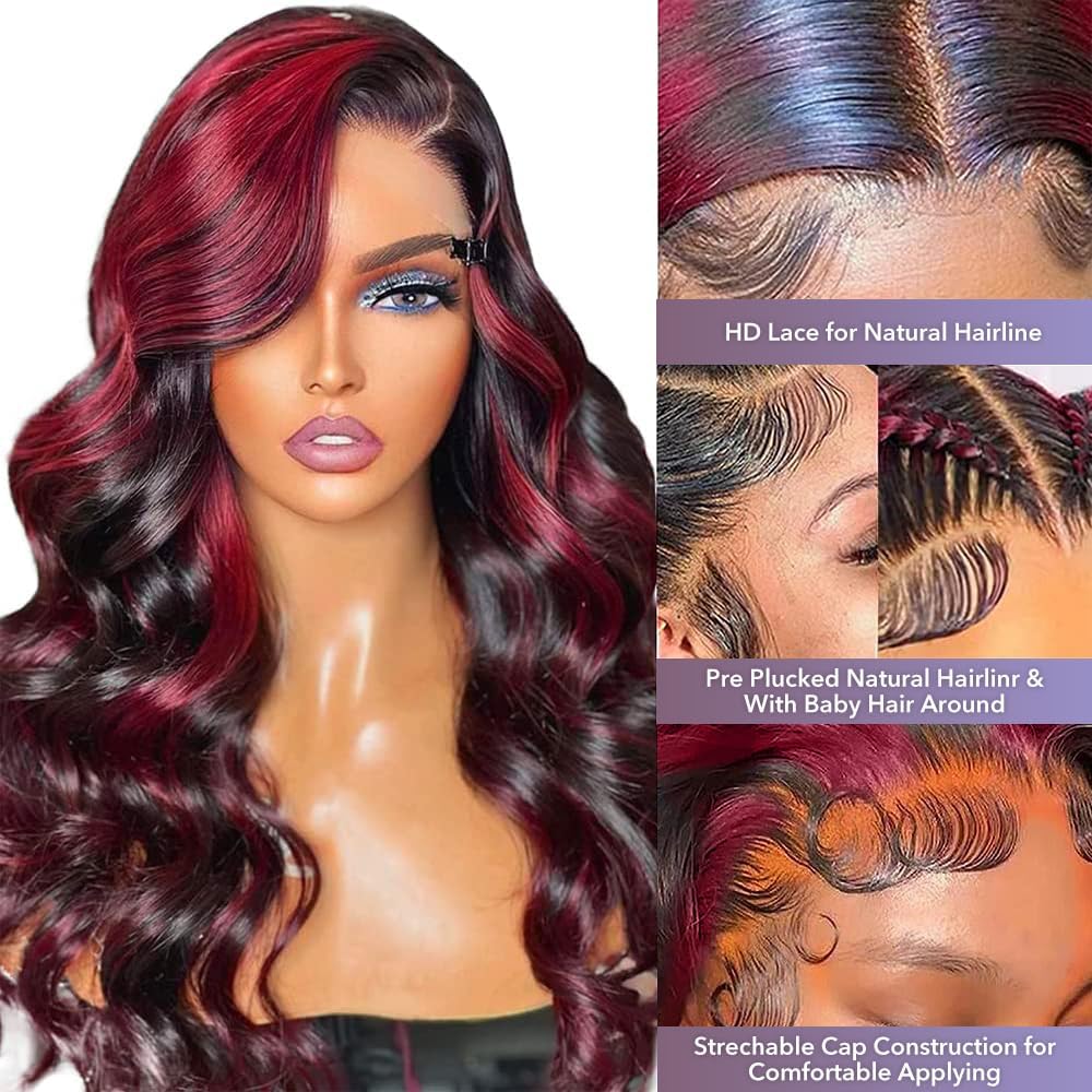 250% Density Burgundy Lace Front Wig - 13x6 HD Transparent Lace Brazilian Virgin Human Hair with Rose Red Highlights | Pre-Plucked Glueless Body Wave Wig for Women | Perfect for Cosplay, Daily Wear & Special Occasions