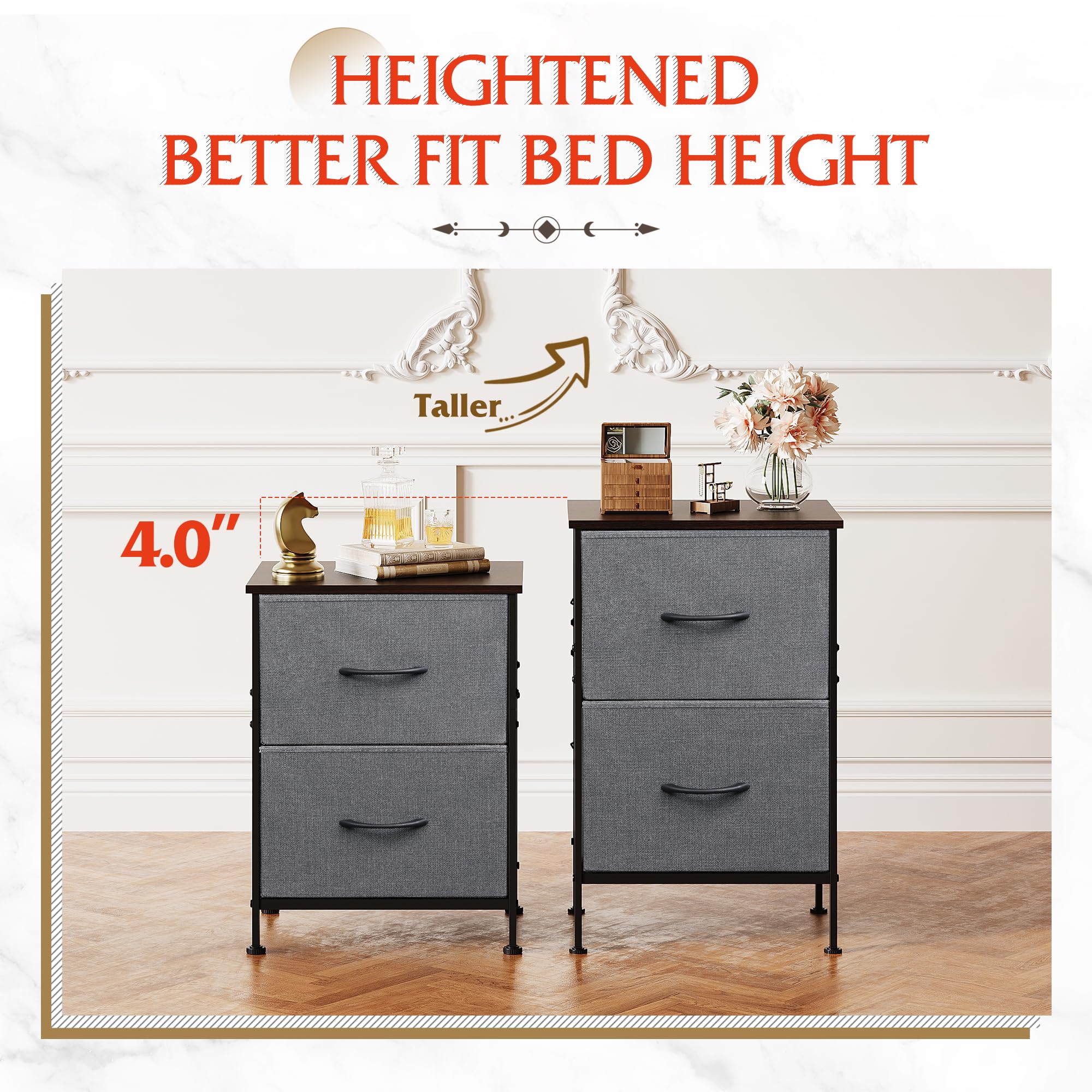 WLIVE Night Stand Set of 2 - Modern Bedside Tables with 2 Drawers & Fabric Bins, Dark Grey Dresser for Bedroom, College Dorm, Apartment - Perfect for Storage & Organization by Your Bed or in Closet