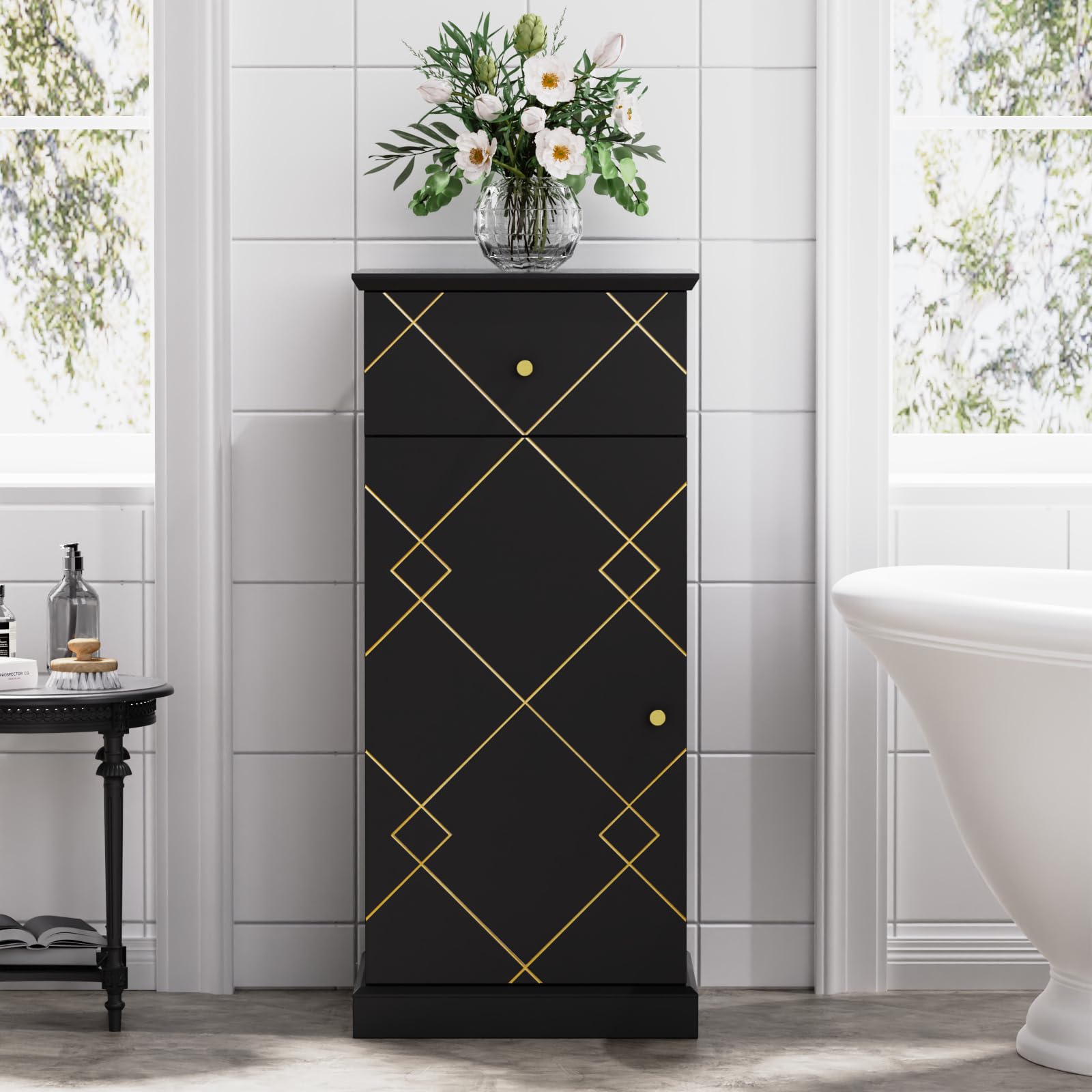 VOXANOXI Narrow Bathroom Floor Cabinet with Golden Trim - Freestanding Storage Cabinet with Shelves & Doors - Slim Toilet Paper Organizer for Bathroom, Living Room, Entryway, Kitchen - Perfect for Small Spaces & Home Organization