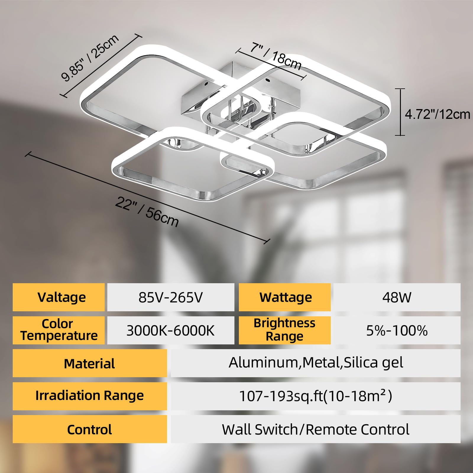 Dimmable Modern 4-Ring Square LED Ceiling Light with Remote Control - 48W Chrome Acrylic Lighting Fixture for Living Room, Dining Room, Kitchen & Office - Perfect for Ambient Lighting and Home Decor