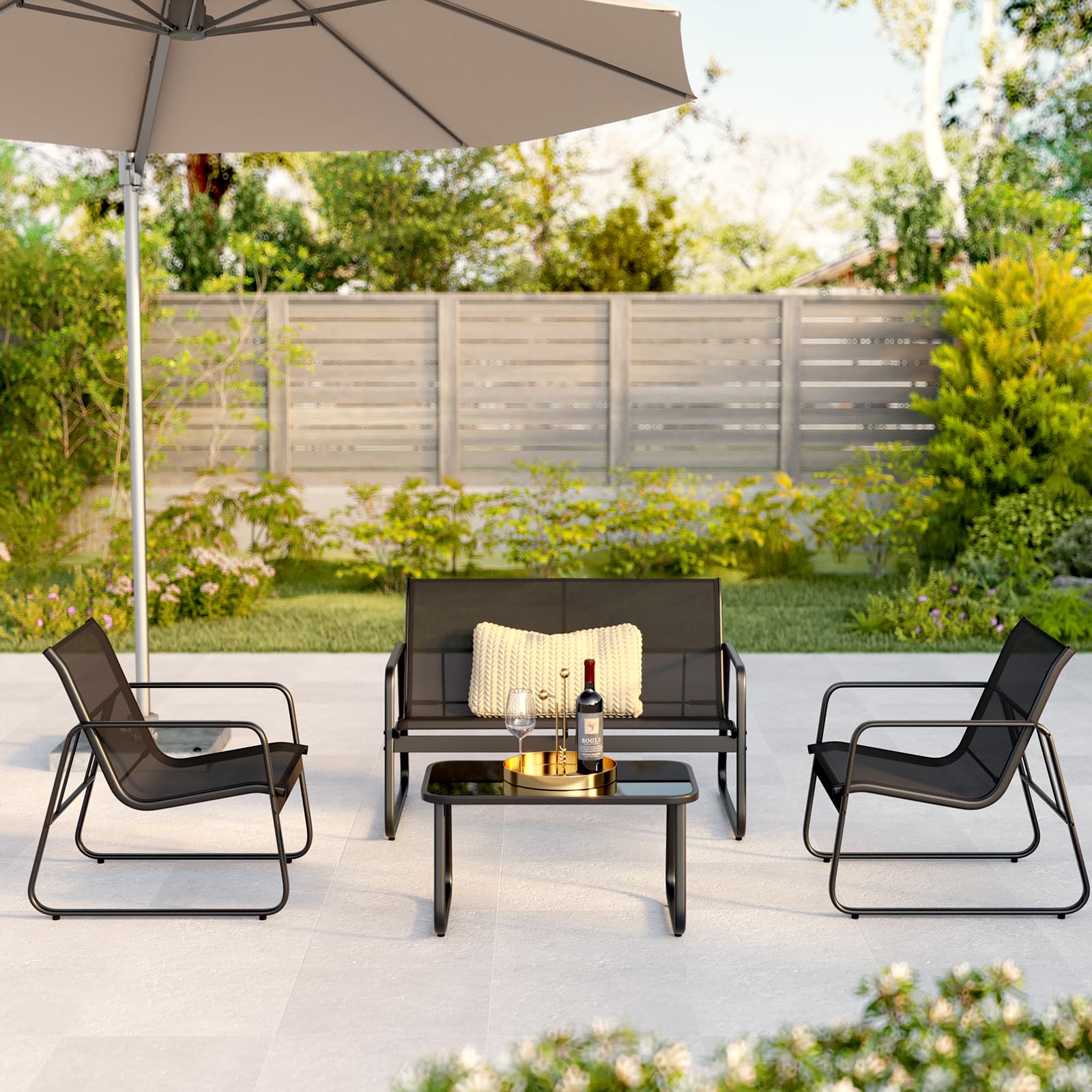 Gizoon 4-Piece Outdoor Patio Furniture Set - Black Loveseat, 2 Chairs & Bistro Table for Backyard, Balcony, Garden, Lawn - Perfect for Relaxing, Entertaining & Outdoor Dining