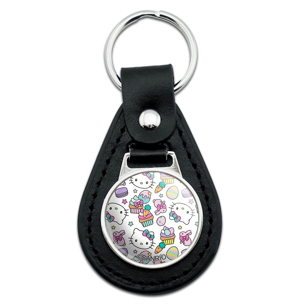 Black Leather Hello Kitty Easter Sweets Pattern Keychain - Cute Kawaii Key Holder for Women Girls - Perfect for Easter Gifts, Backpack Accessories & Party Favors