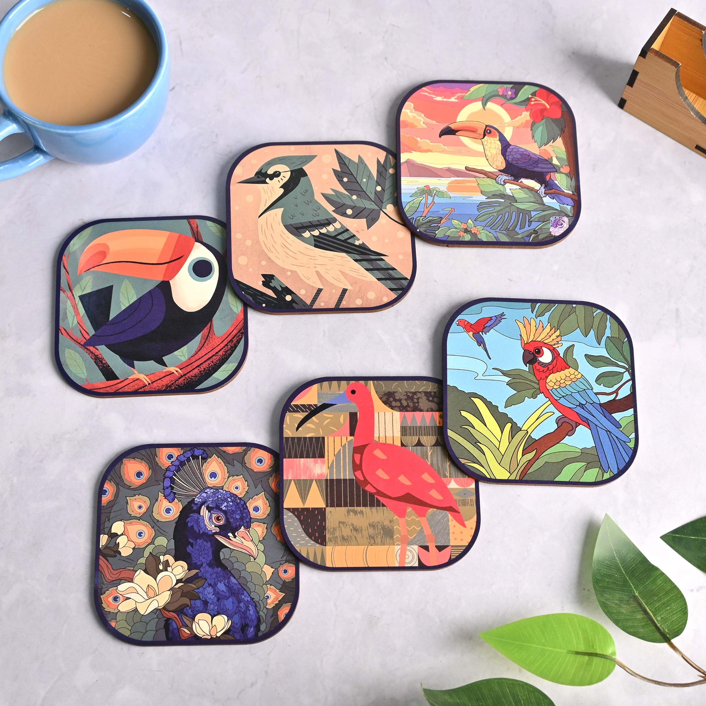 GKD Set of 6 Wooden Coasters with Birds Design - 3.8 x 3.8 Inch Eco-Friendly Drink Coasters for Tea Cups, Coffee Mugs & Glasses - Perfect for Home, Office & Restaurant Use