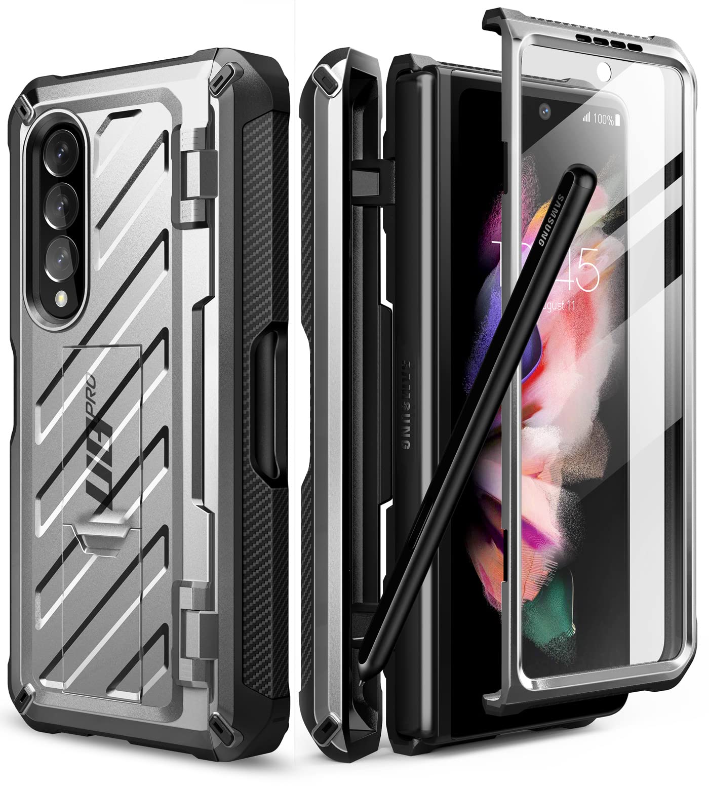 SUPCASE Unicorn Beetle Pro Case for Samsung Galaxy Z Fold 3 with S Pen Holder - Built-in Screen Protector & Kickstand | Military-Grade Protection | Heavy Duty Shockproof Phone Cover (Silver) - Perfect for Work, Travel & Outdoor Activities