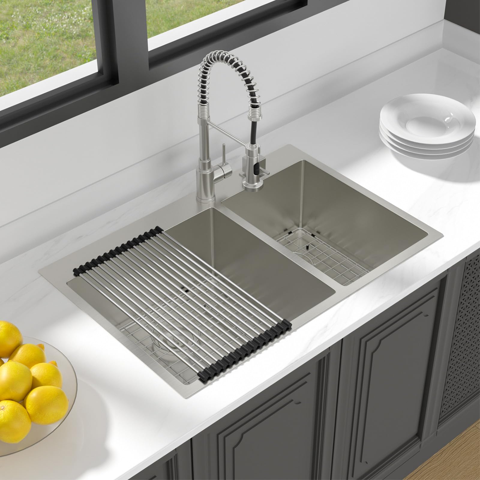 Lordear 33-inch Double Bowl Topmount Kitchen Sink - 60/40 Split 16 Gauge Stainless Steel Drop-In Sink, Handmade Over Counter Sink (33