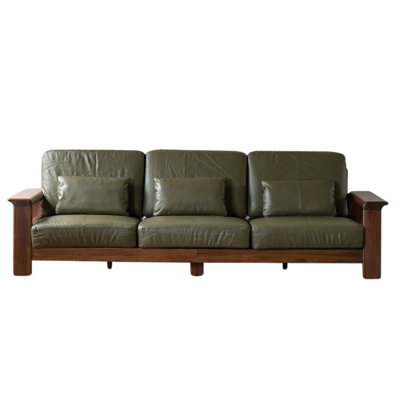 116.1x37.4x37 inch / 295x95x94 cm / Rich Dark Walnut Color / black walnut large three-seater genuine leather dark green